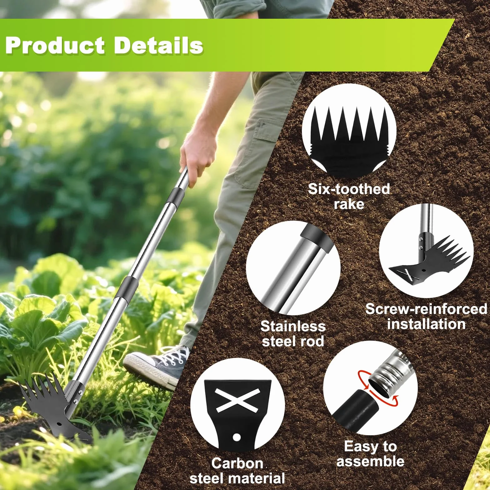 Extractor Malas Hierbas con Mango Largo Ajustable 148cm, Herramientas Extracción Rastrillo Jardín Azada Manual 2 en 1, Extractora Malezas Eliminación ​​Desbrozar Escarda para Césped, Patio, Terraza
