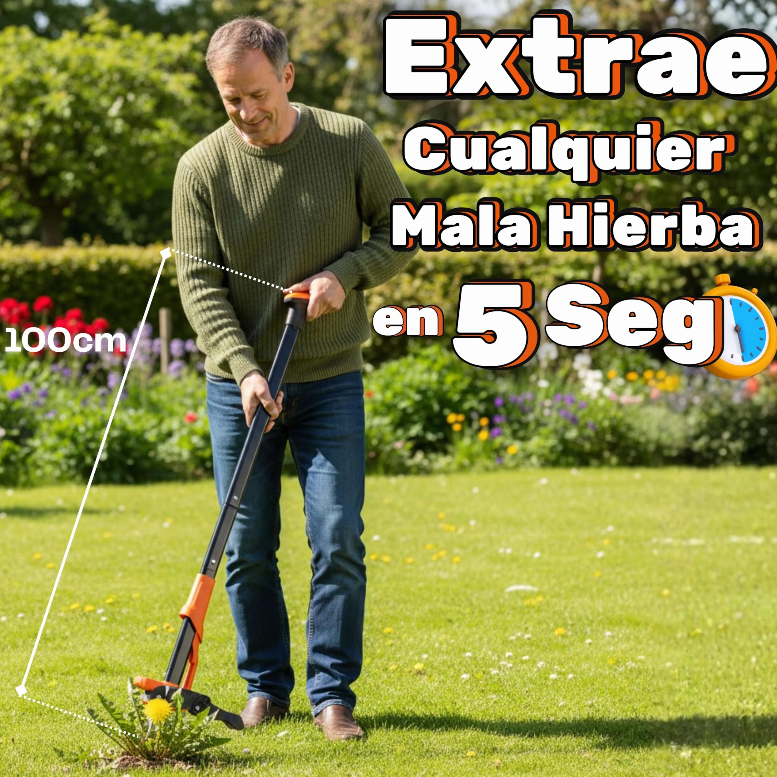 Extractor Malas Hierbas con 4 Puntas de Acero Ultrarresistente y Eyector de Plantas | Herramienta para Quitar Malas Hierbas Jardin Sin Agacharte Y Sin Esfuerzo. Deshierbador Manual Largo 100 Cm