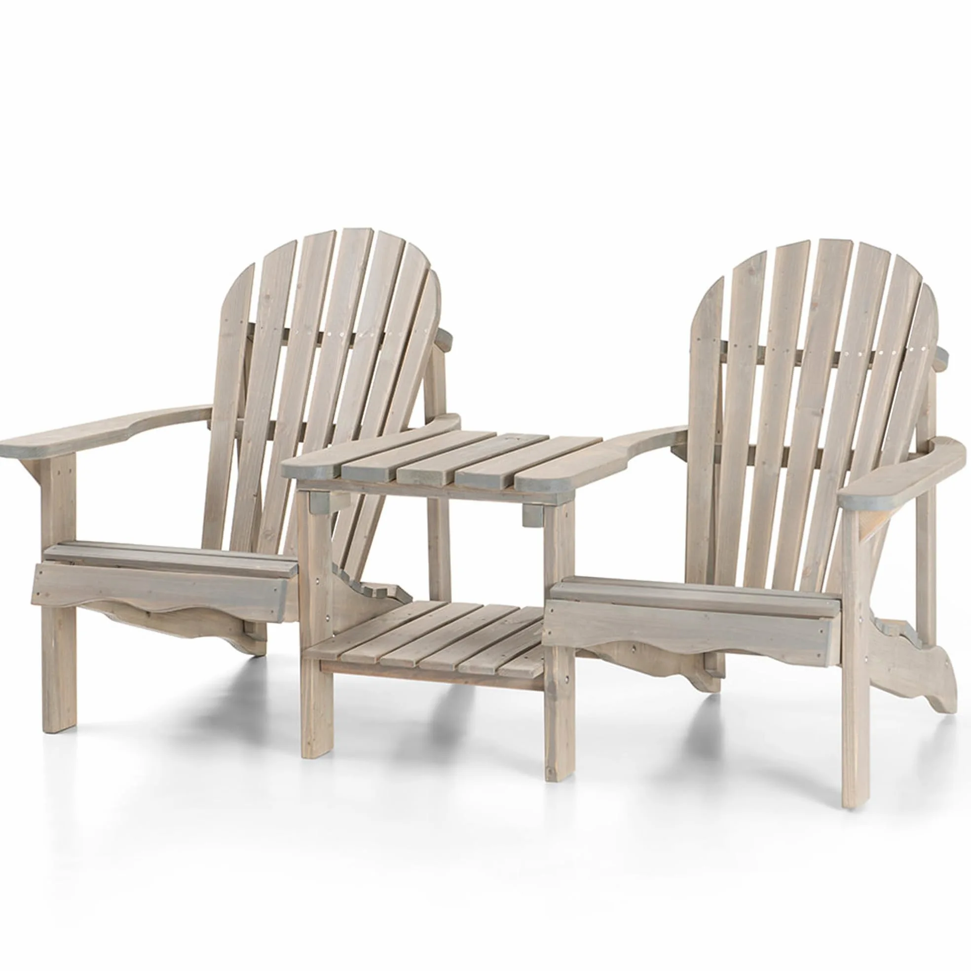 AMATA Silla Adirondack doble con mesa para exteriores, colección UNGURS - Comodidad para dos - Silla de madera resistente a la intemperie para patio, patio trasero y hogueras de jardín - Ergonómica y