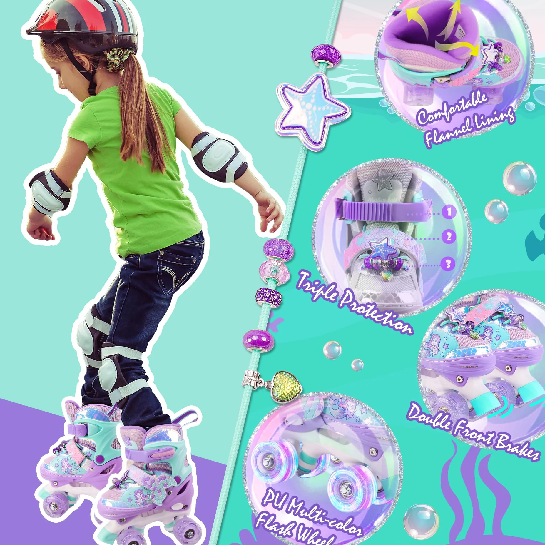 Patines Niñas 4 Ruedas Ajustables Roller Quad con Luminación LED para Principiantes