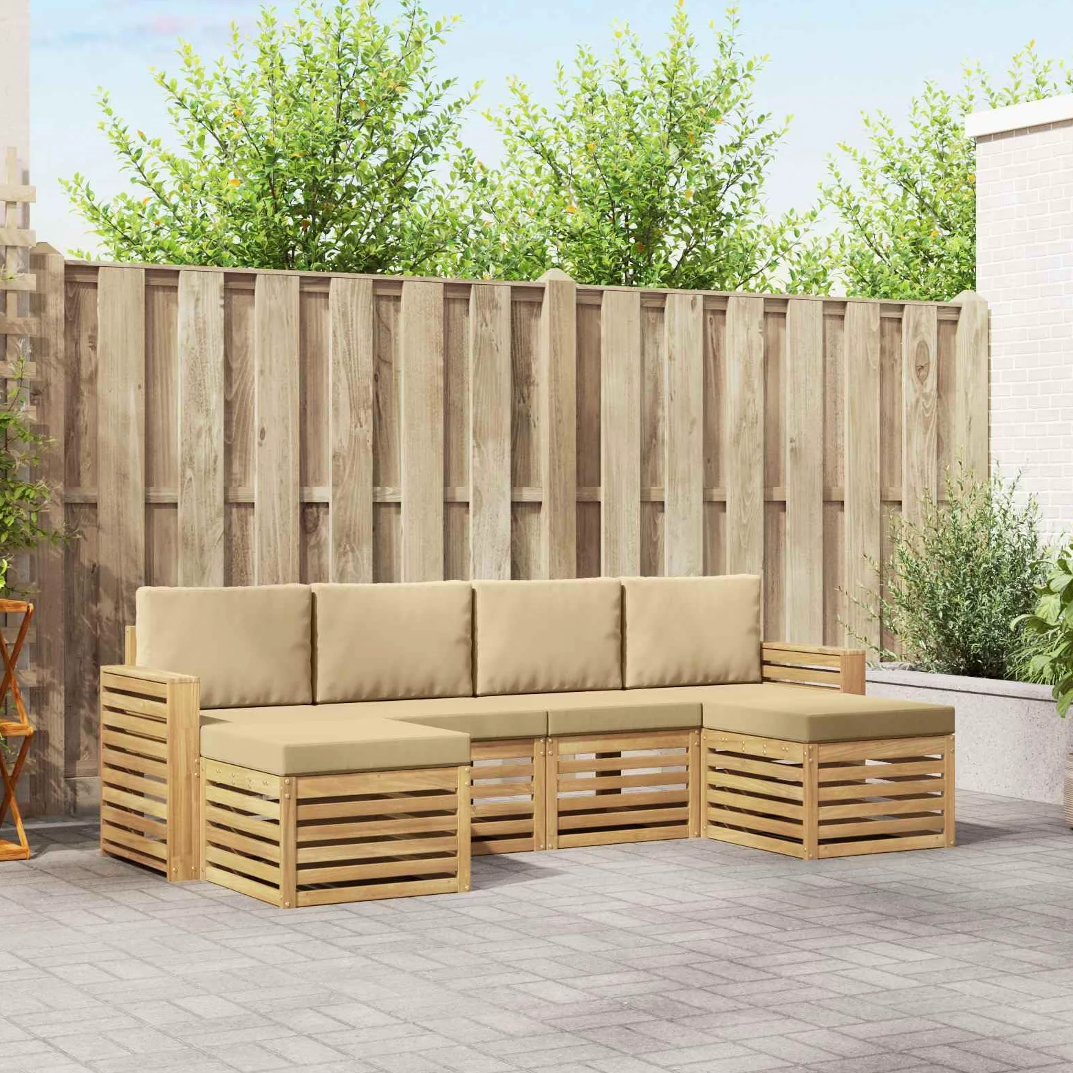 Juego de 6 sofás de exterior de madera maciza de acacia para terraza y jardín, diseño modular resistente a la intemperie, con 6 asientos, incluye cojines y respaldos acolchados
