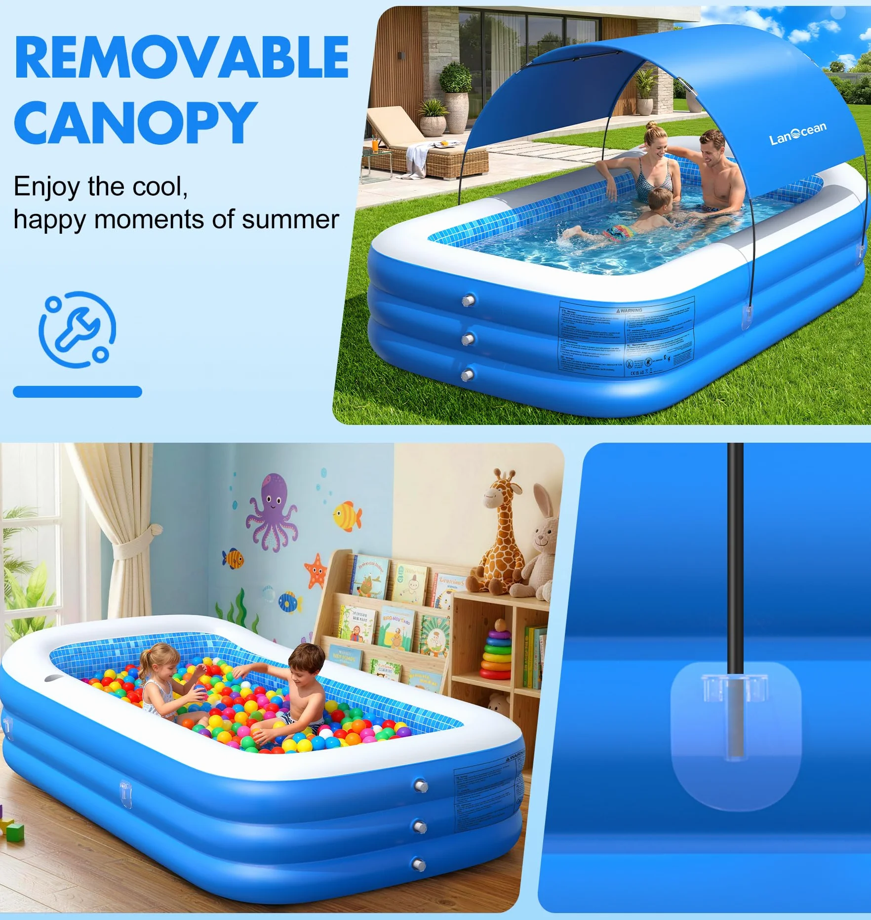LanOcean Piscina Hinchable Adultos con Sombrilla, 280*160*50cm Piscinas Hinchables Grandes, 0,53mm Rectangular Piscina Hinchable infantil con Asiento y Portavasos, Piscinas Hinchables Familiar Jardin