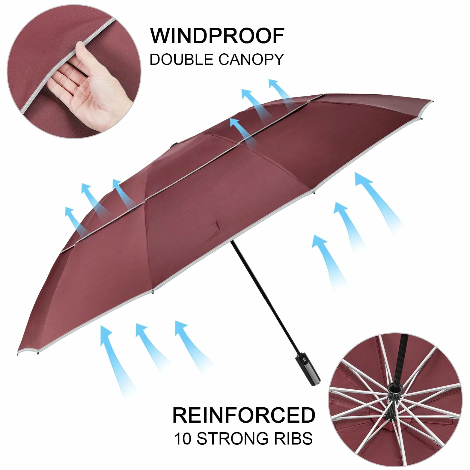 G4Free Paraguas plegable de golf 62 pulgadas rayas reflectantes 10 varillas invertido resistente al viento doble dosel cierre automático