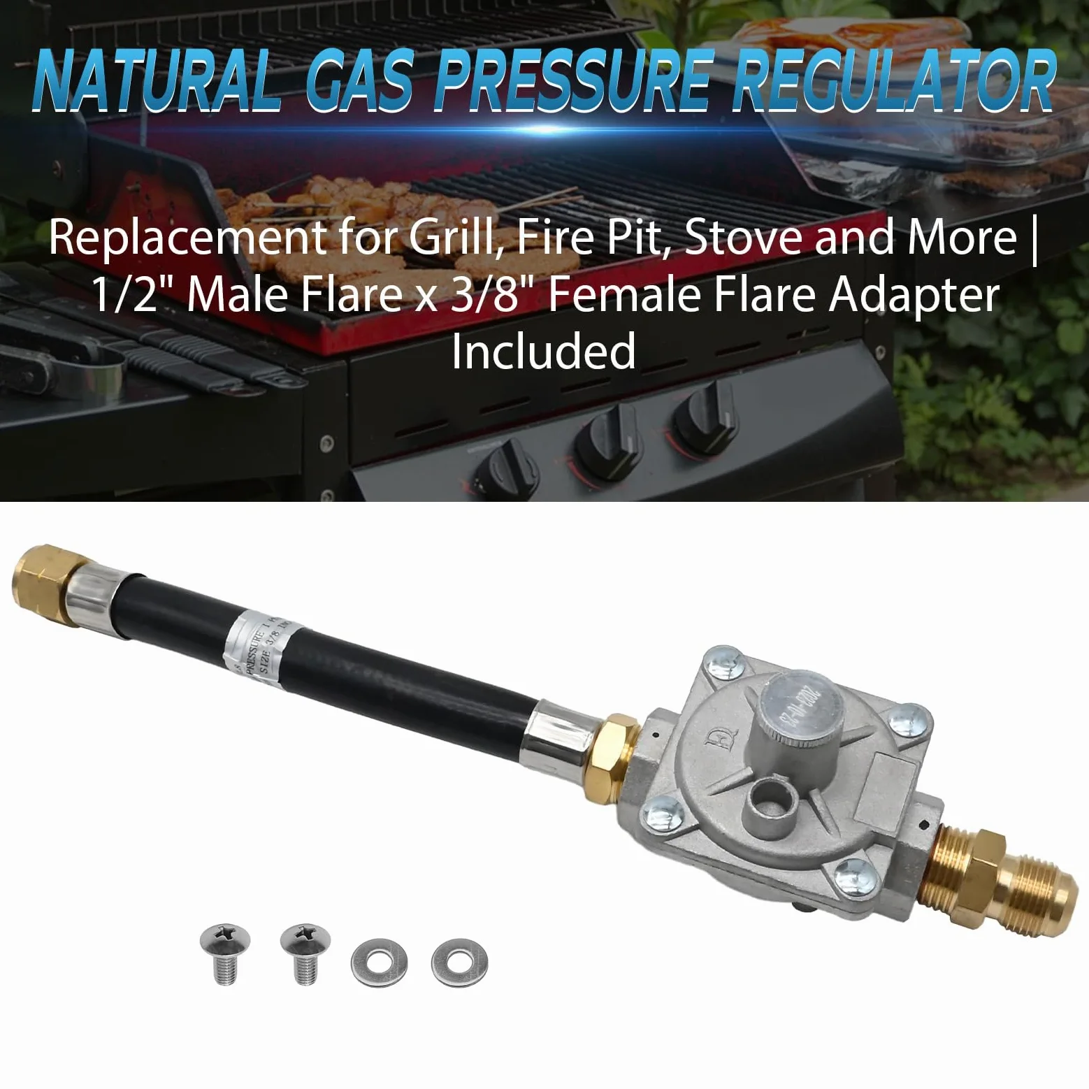 Regulador de presión de gas natural, presión de entrada de 1/2 PSIG y presión de salida de 10.2 cm, para parrilla, hoguera, estufa y más | Bengala macho de 1/2 pulgada x adaptador hembra de 3