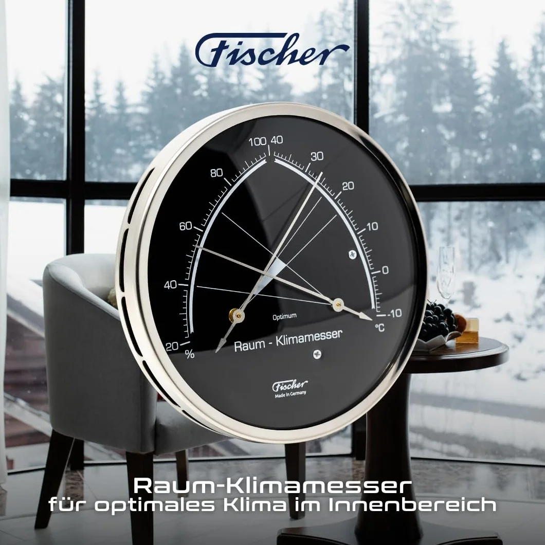 Fischer 146.01.06 - Medidor de aire acondicionado para habitación - Higrómetro sintético de 130 mm y termómetro bimetálico de acero inoxidable fabricado en Alemania