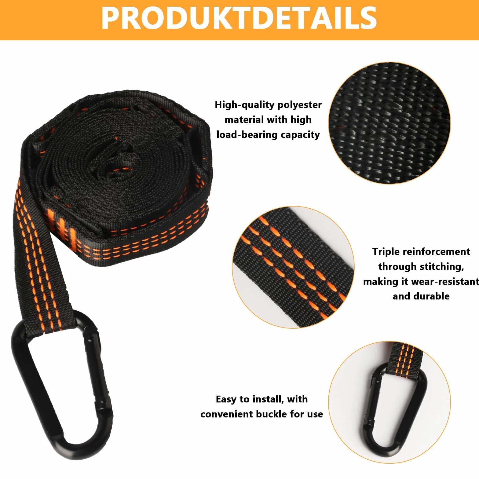 2 Piezas de árbol para Hamaca, Correas de suspensión para Columpio de 2,5 m, Kit de Correas de suspensión para Hamaca de Exterior para Silla Colgante de Camping + 3 mosquetones, máx. 200 kg
