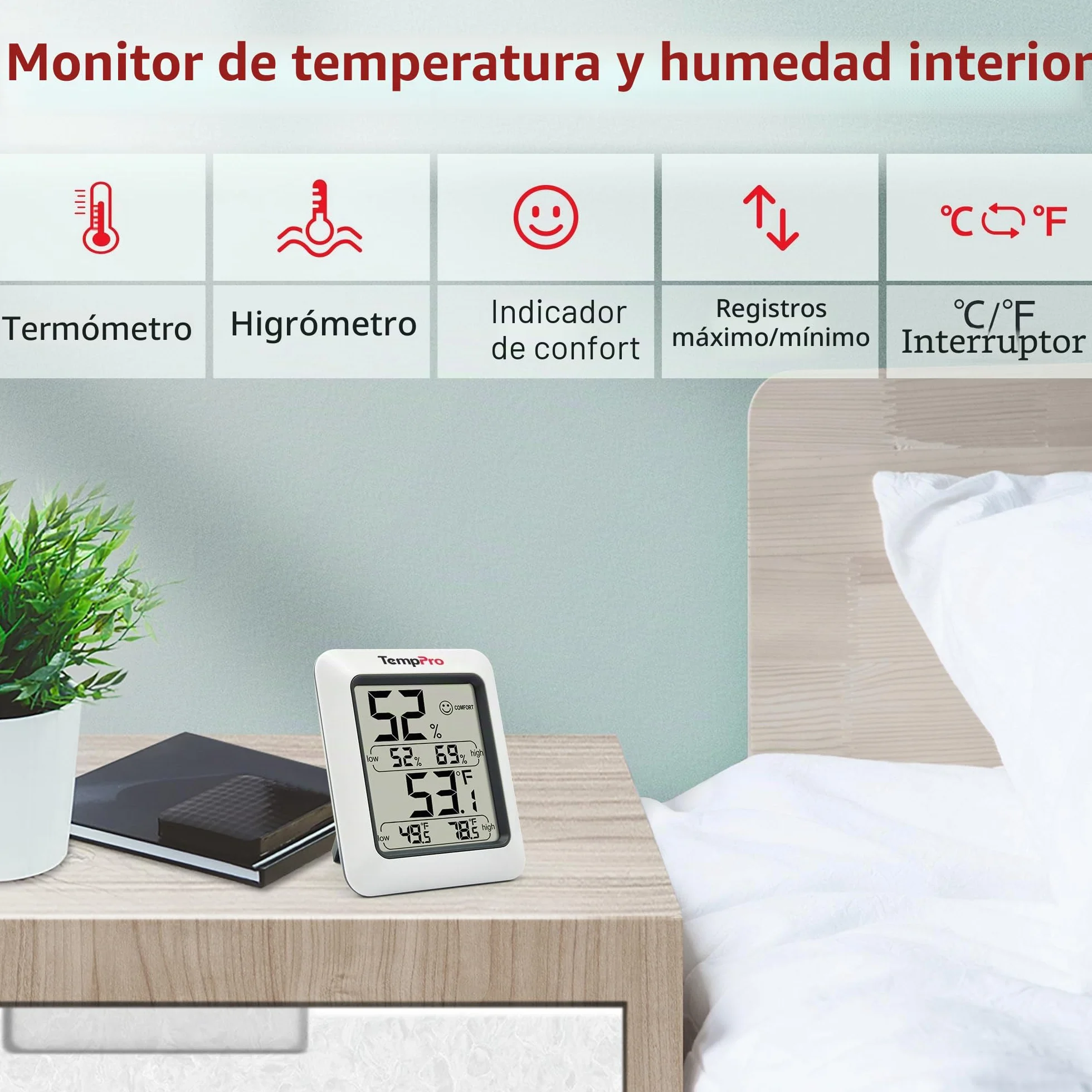 TempPro TP50 Termómetro Higrometro Digital para Interior Termohigrómetro Medidor Profesional para Medición de Temperatura y Humedad del Casa Ambiente