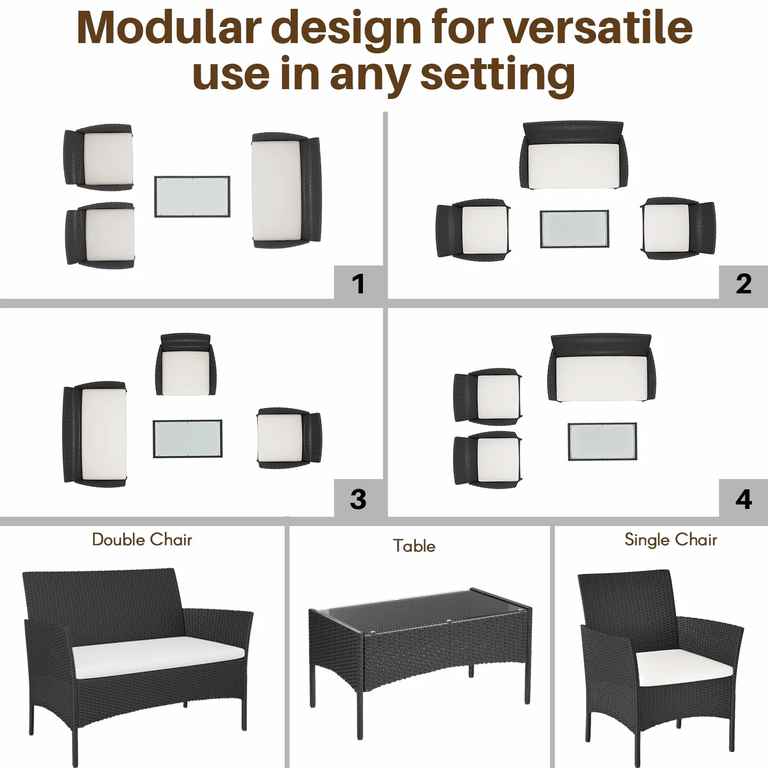 bigzzia Juego de muebles de jardín, salón de ratán, 4 asientos con mesa, 2 sillones y sofá de 2 plazas, negro