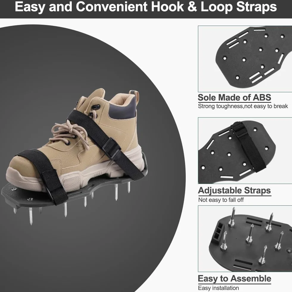 URAQT Zapatos Aireador para Cesped, 1par Suelas Escarificadoras Suela de 29*13CM y Púas de 47mm, Zapatos Aireador Jardin de Tamaño Ajustable,Talla Universal, para Zapatos Aireación en Patio y Jardín
