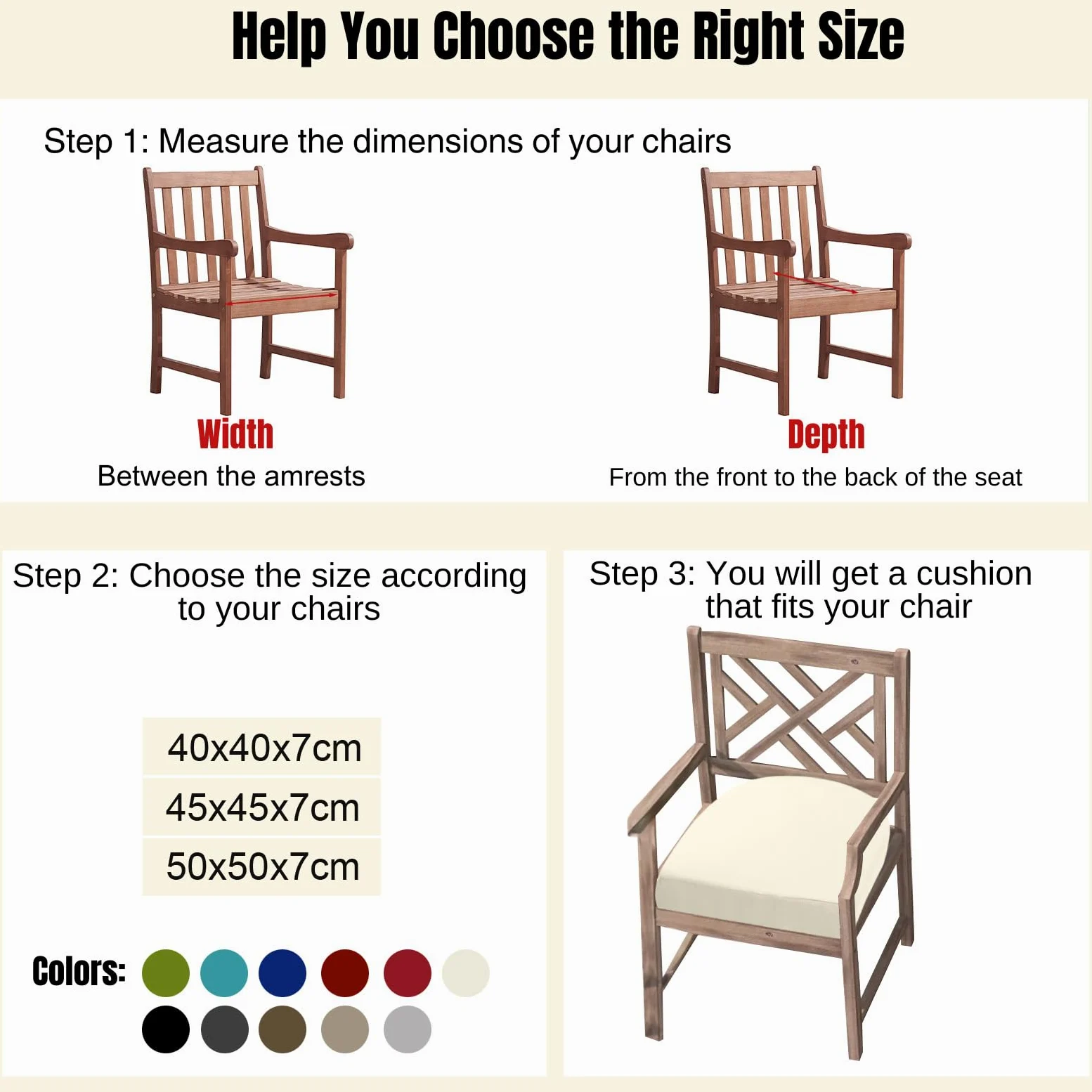 Juego de 2 cojines para sillas de jardín de exterior de 7 cm de grosor, impermeables, con lazos, para muebles de exterior, almohadillas para sillas de comedor en forma de U, 50 x 50 cm