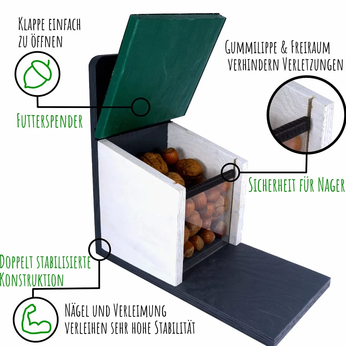 Comedero para ardillas resistente a la intemperie, muy estable y seguro | hecho a mano de producción propia en la Selva Negra | Sistema de ventilación para alimento seco para ardillas
