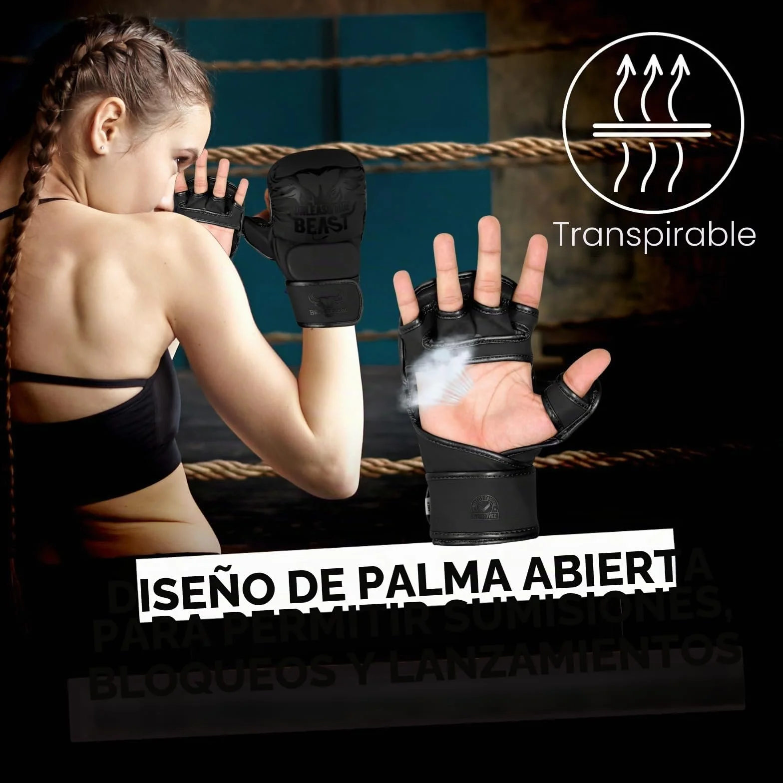 BEAST RAGE Guantes de MMA con Soporte de Muñeca Ajustable, Palma Abierta para Muay Thai y Combate