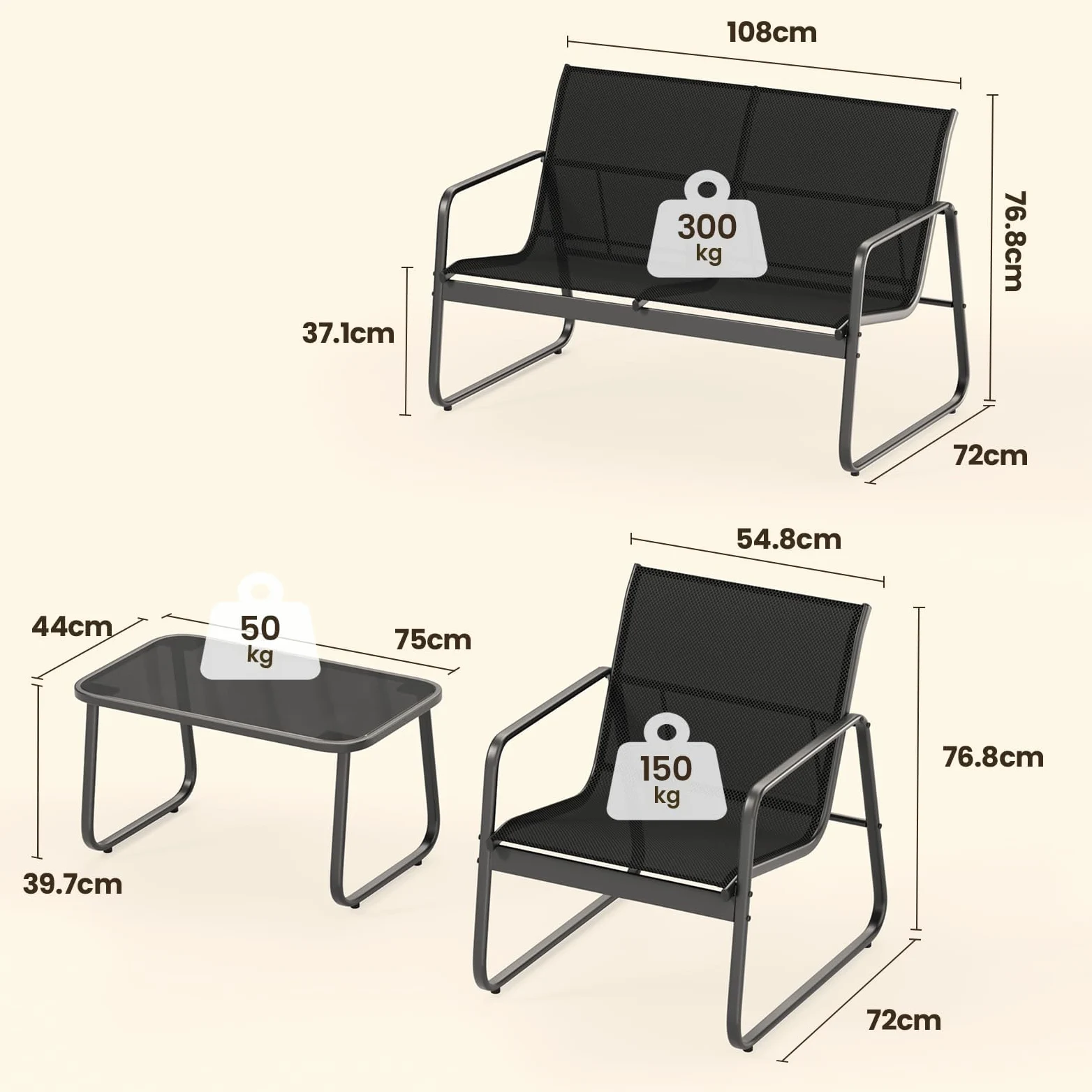 Bealife Conjunto de Muebles de Jardín 4 Piezas, Patio Tela Teslin, 3 Sillones y 1 Mesa de Vidrio, Negro