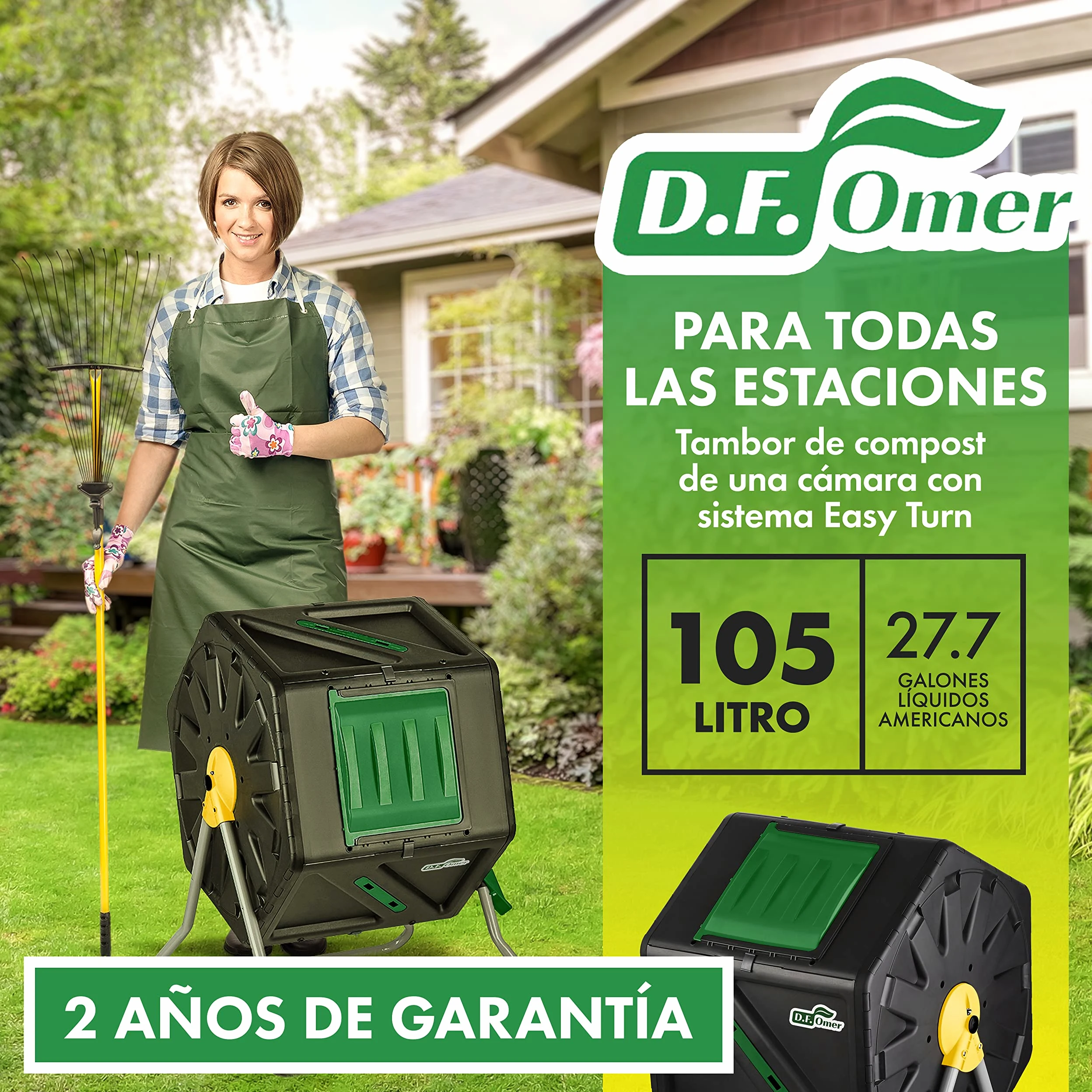 DF OMER Contenedor De Compostaje De Una Cámara para Jardín Al Aire Libre - Diseño Compacto Capacidad De 105L - Compostador De Barril con Tambor Rodante Resistente