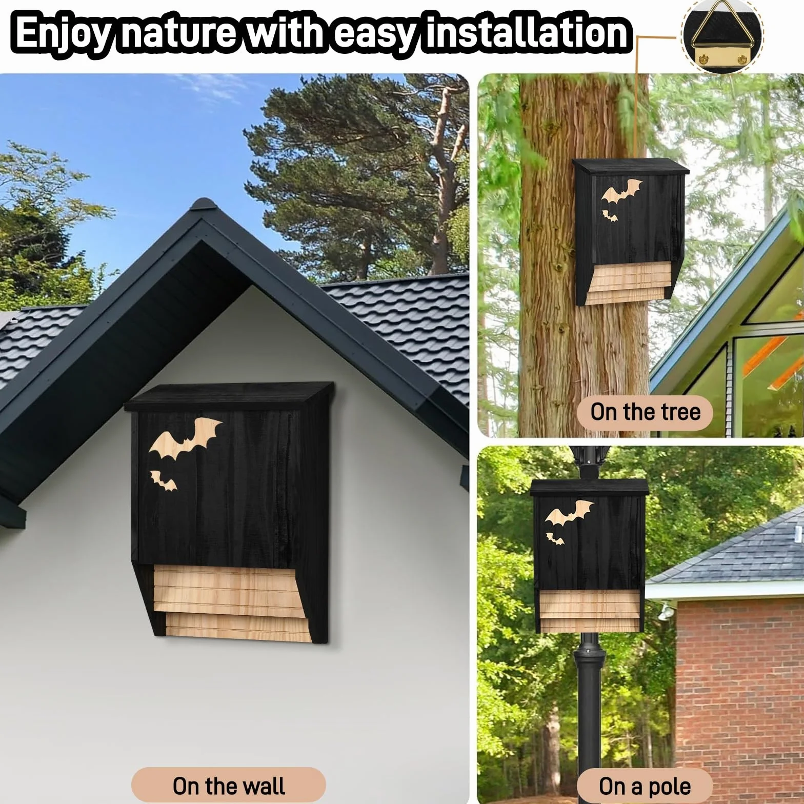 Caja para murciélagos de madera, doble cámara, resistente a la intemperie, casa de murciélagos y nido, listo para montar, caja de refugio para murciélagos en verano e hibernación, color negro