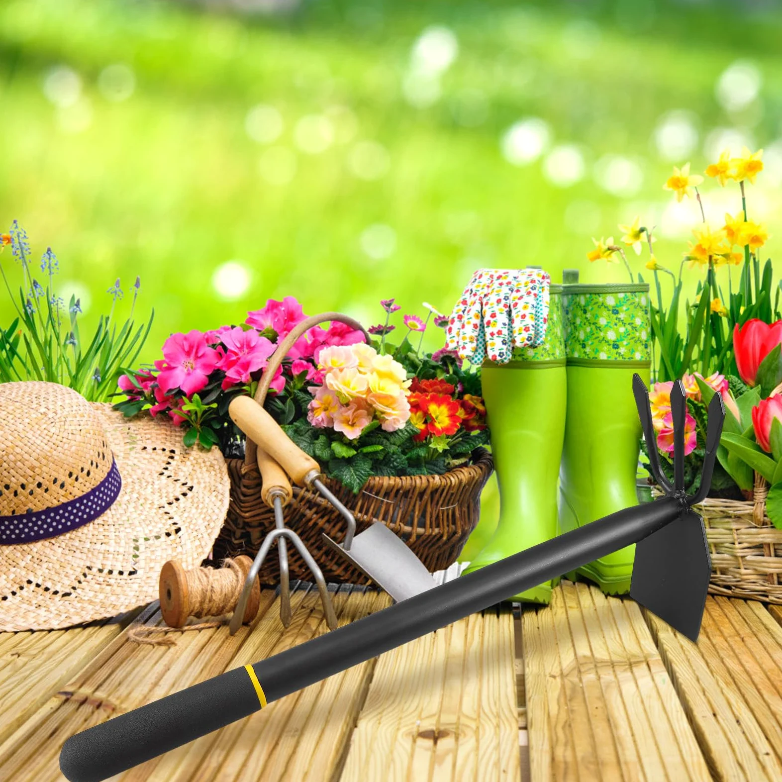 Yardwe Azada de Acero Manganeso Resistente y Antióxido para Jardinería, Herramienta para Desherbar y Plantar Mango Largo, Adecuado para Huertos y Cultivo en Exteriores
