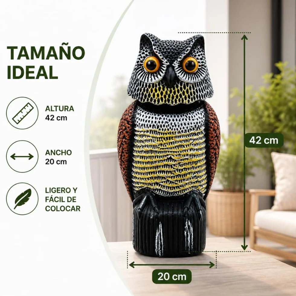 Remi Hogar Búho Espantapájaros Realista | Ahuyenta Palomas, gaviotas y Otras Aves urbanas | para Exteriores, Balcones, Jardines y Piscinas | Poliuretano | Respetuoso con el medioambiente y Fauna
