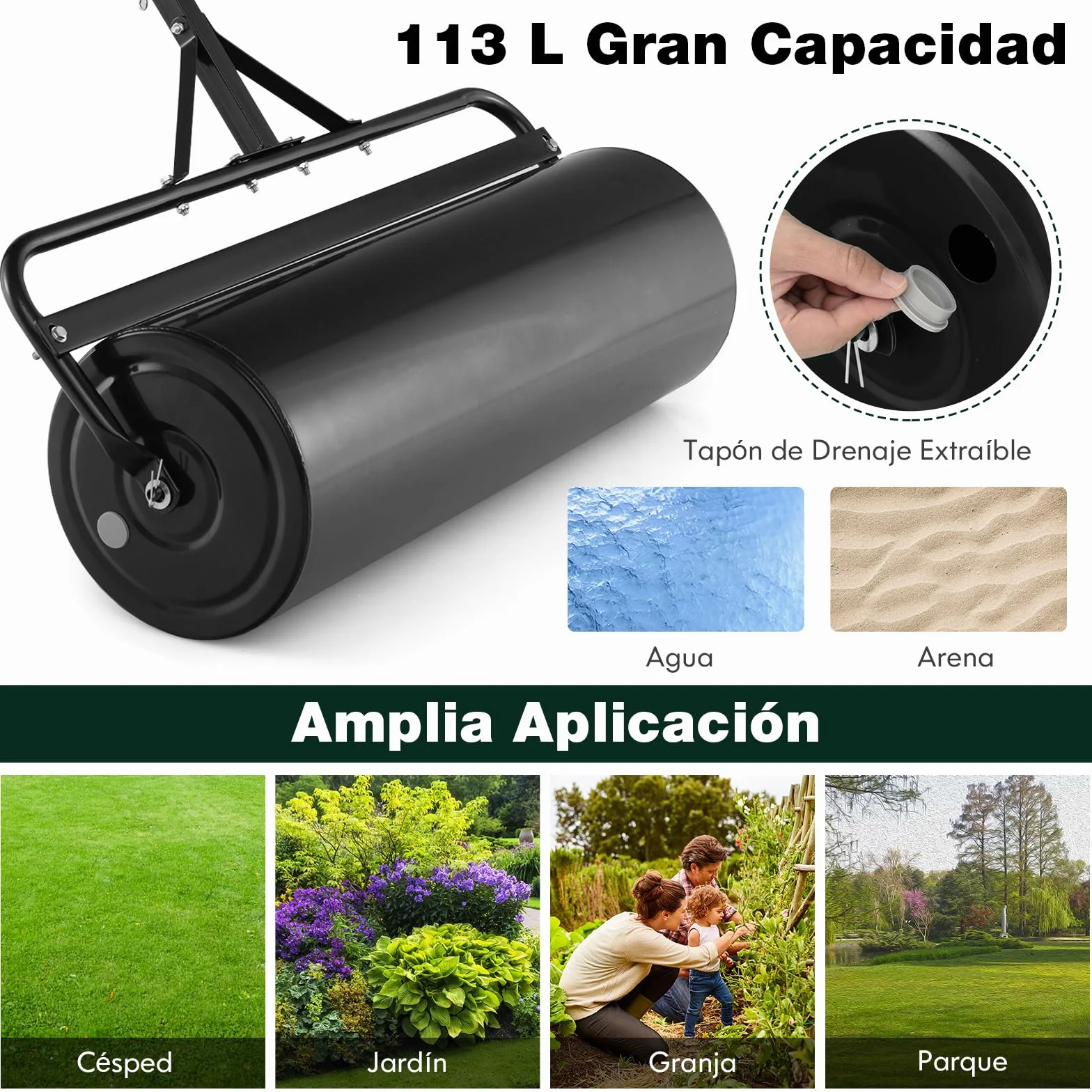 COSTWAY 113L Rodillo de Césped Metálico, Rodillo de Césped para Empujar o Tirar Llenado de Agua o Arena con Mango Desmontable para Jardín, Patio, Parque, Granja (Negro, 146x99x40cm)