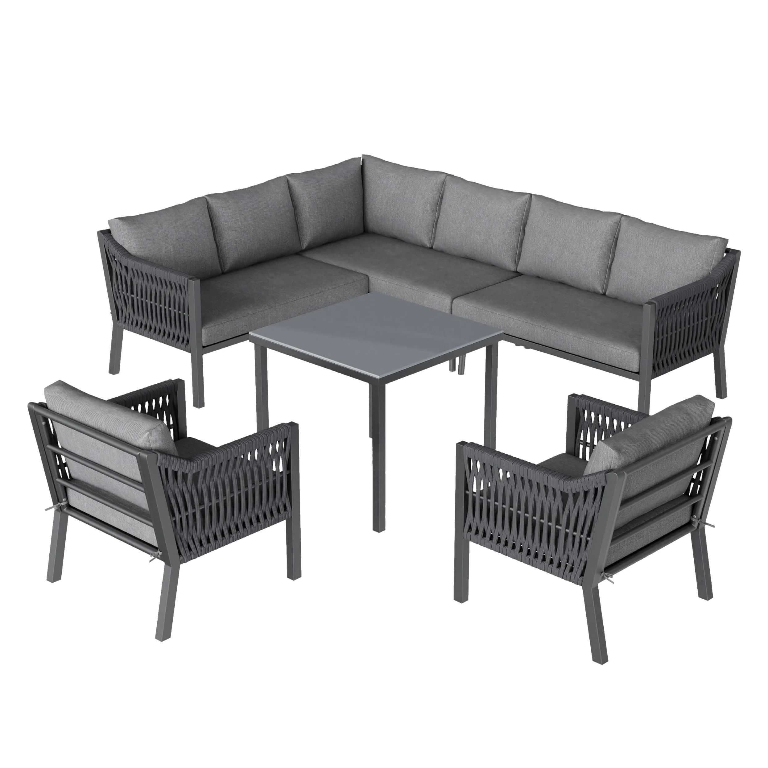 Muebles Jardin Exterior de 7-8 Plazas con 2 Sillones y Mesa, Sofa Terraza Exterior con Cojín Suave, Muebles Terraza Exterior con Reposabrazos Trenzado y Estructura Metálica, Gris