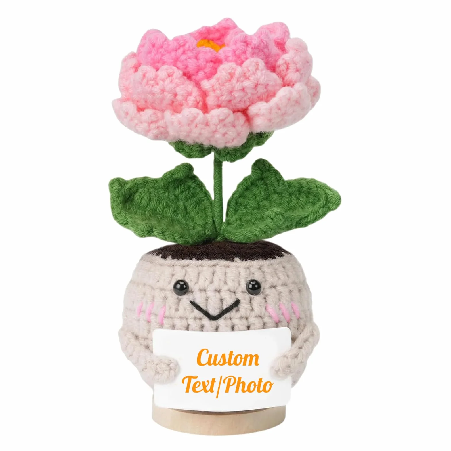 Planta de peonía de ganchillo hecha a mano con foto/texto personalizada, para mamá de hija, decoración de escritorio de aliento Get Well Soon