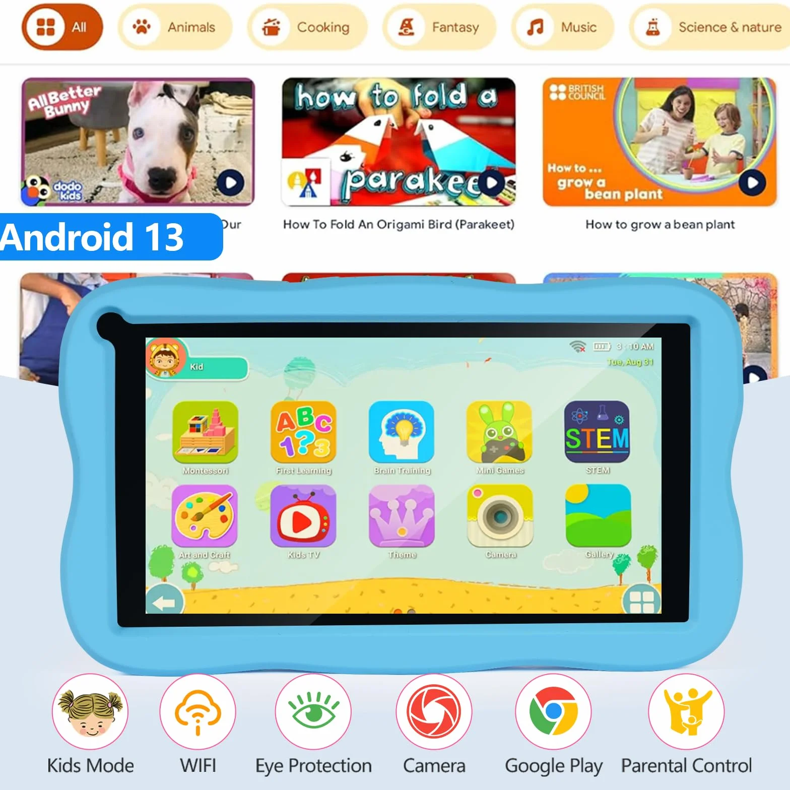 Tablet 7 cali SUMTAB, Android, 8GB RAM 64GB ROM, IPS HD, Kontrola rodzicielska, edukacyjna dla dzieci (Niebieski)