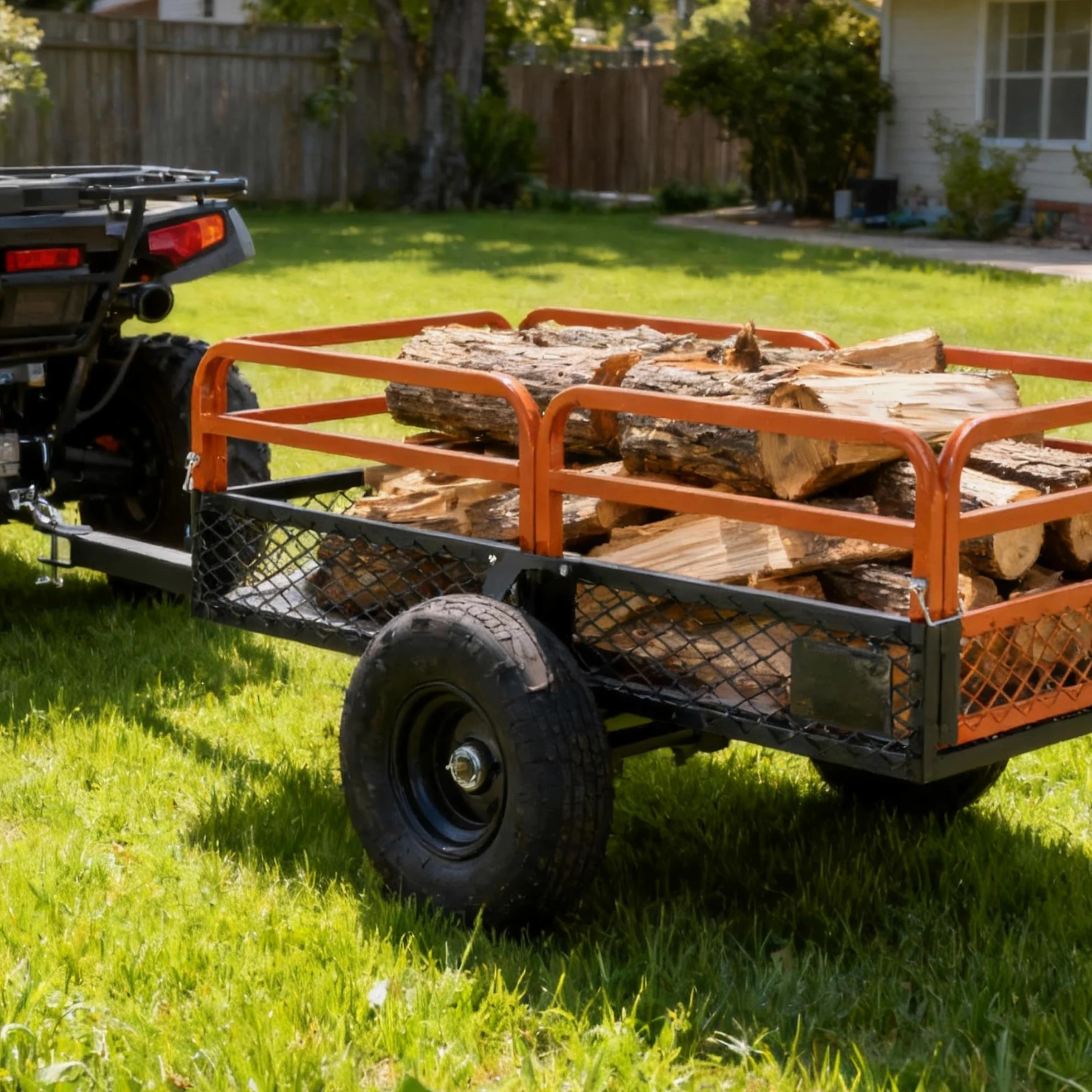 Remolque de carro de descarga resistente de 1500 libras de capacidad de 15 pies cúbicos con descarga de doble control para ATV UTV tractor cortacésped de giro cero, neumáticos todo terreno y