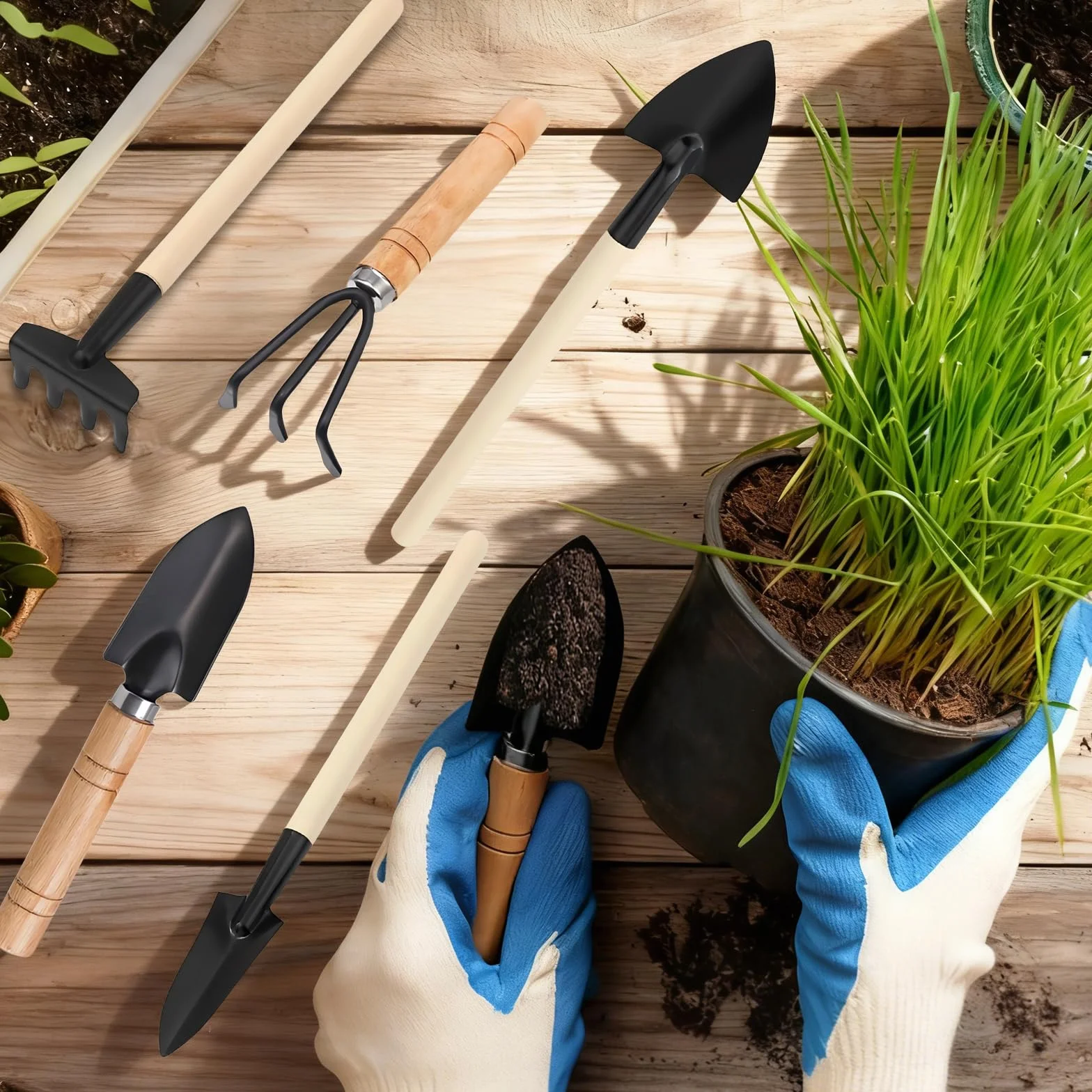 6 Juego de Herramientas de Jardín, Mini Herramientas Jardineria, Herramientas de Jardín Pequeñas, Kit de Jardinería Mango de Madera, Pala, Pala Pequeña, Rastrillo, para Suculentas, Plantas en Maceta