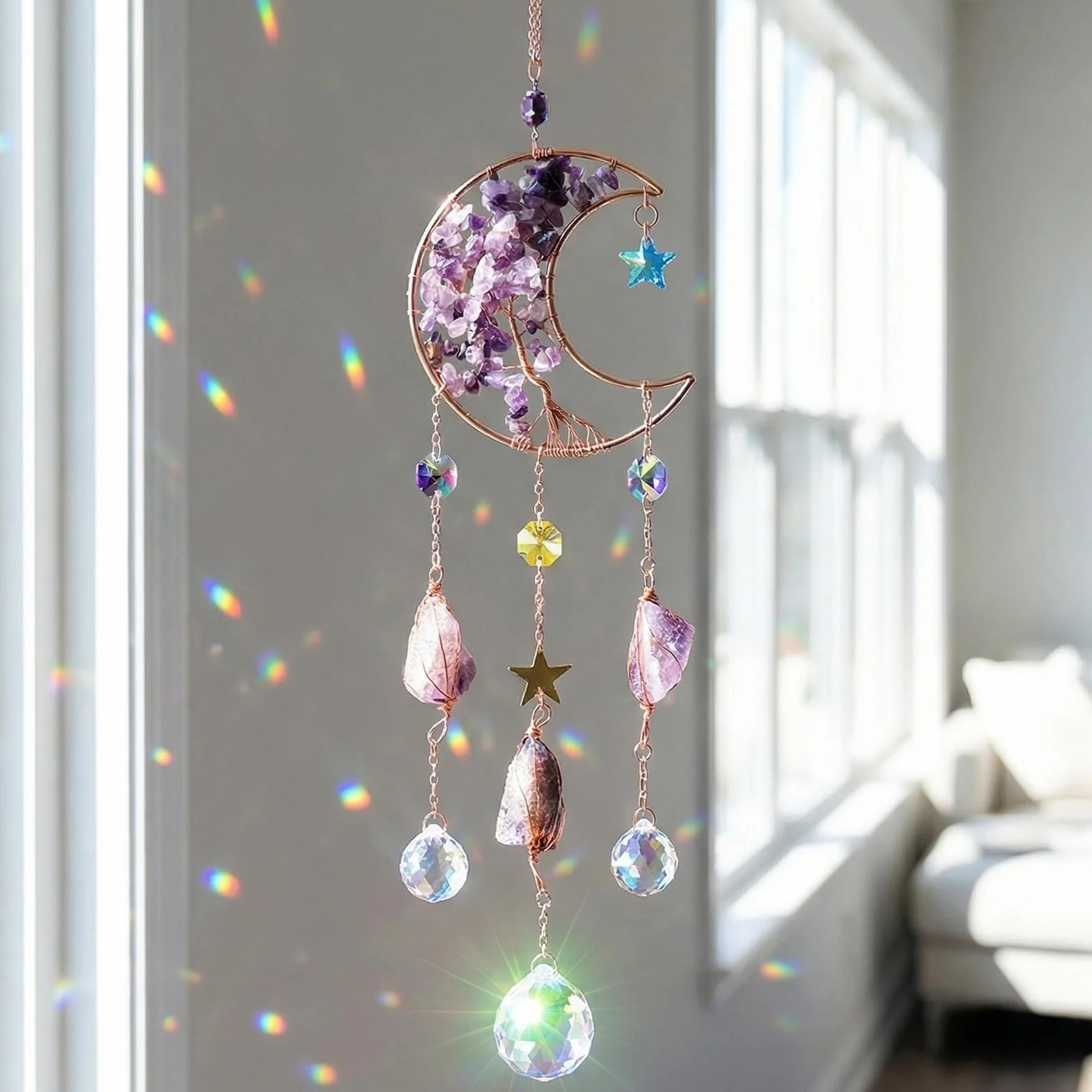 Atrapasoles Cristal Colgante 40cm, Luna y Estrella, Bola de Cristal, Cristales para Colgar, Campana de Viento para Casa Jardín Oficina Ventanas Campanas Coche Fiesta Boda Decoración, Regalos Mujeres