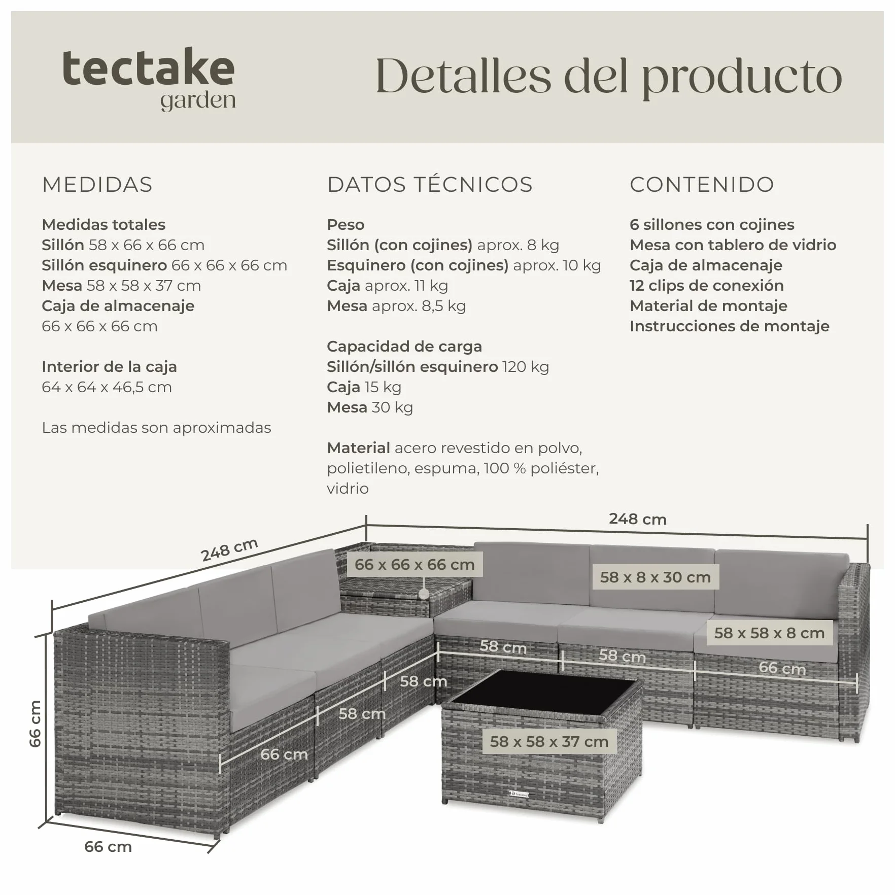 tectake® Conjunto Jardín de Ratán, Muebles Jardín Exterior 6 Sillones, 1 Mesa con Cristal, 1 Baúl Almacenamiento, Conjunto Terraza Resistente a la Intemperie, con Cojines, Estructura en Acero - Gris