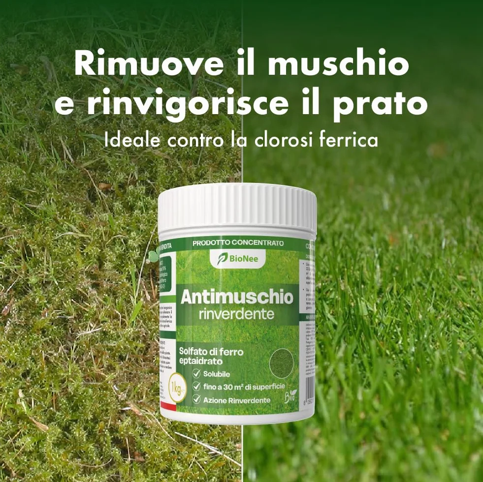 Antimusgo revitalizante 1 kg – Sulfato de hierro concentrado – Acción rápida contra musgo, clorosis férrica y reverdecimiento del césped – Permitido en agricultura biológica