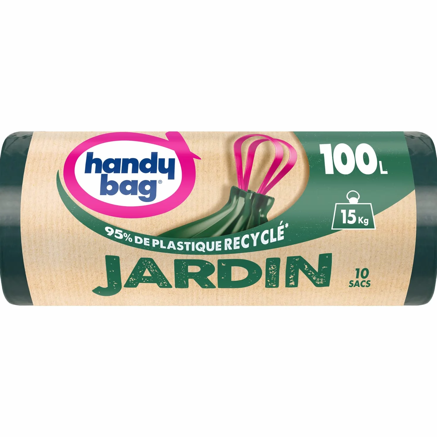Handy Bag - Bolsas de basura para jardín, 100 x 10 bolsas, ultra resistente: soporta hasta 15 kg. Película de triple grosor. Asas deslizantes prácticas. Impermeabilización máxima - 100% plástico