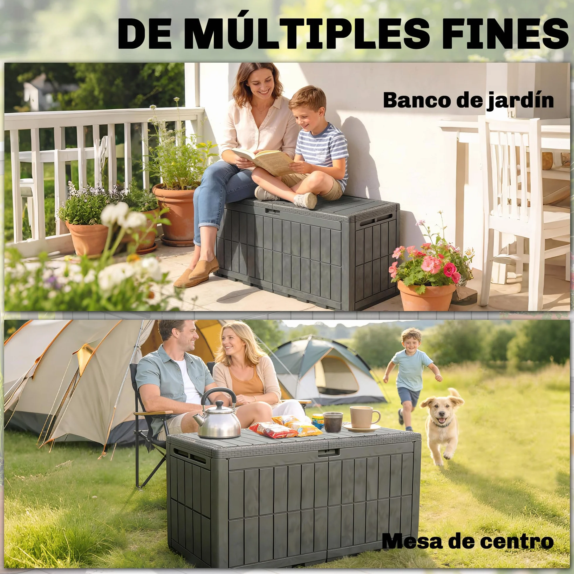 Outsunny Arcón Exterior Capacidad 440L, Baúl de Almacenaje Exterior de Resina Resistente al Agua y a los Rayos UV, con Tapa Bloqueable, Barras de Gas, Asas Laterales, para Jardín, 133x62x65 cm, Café