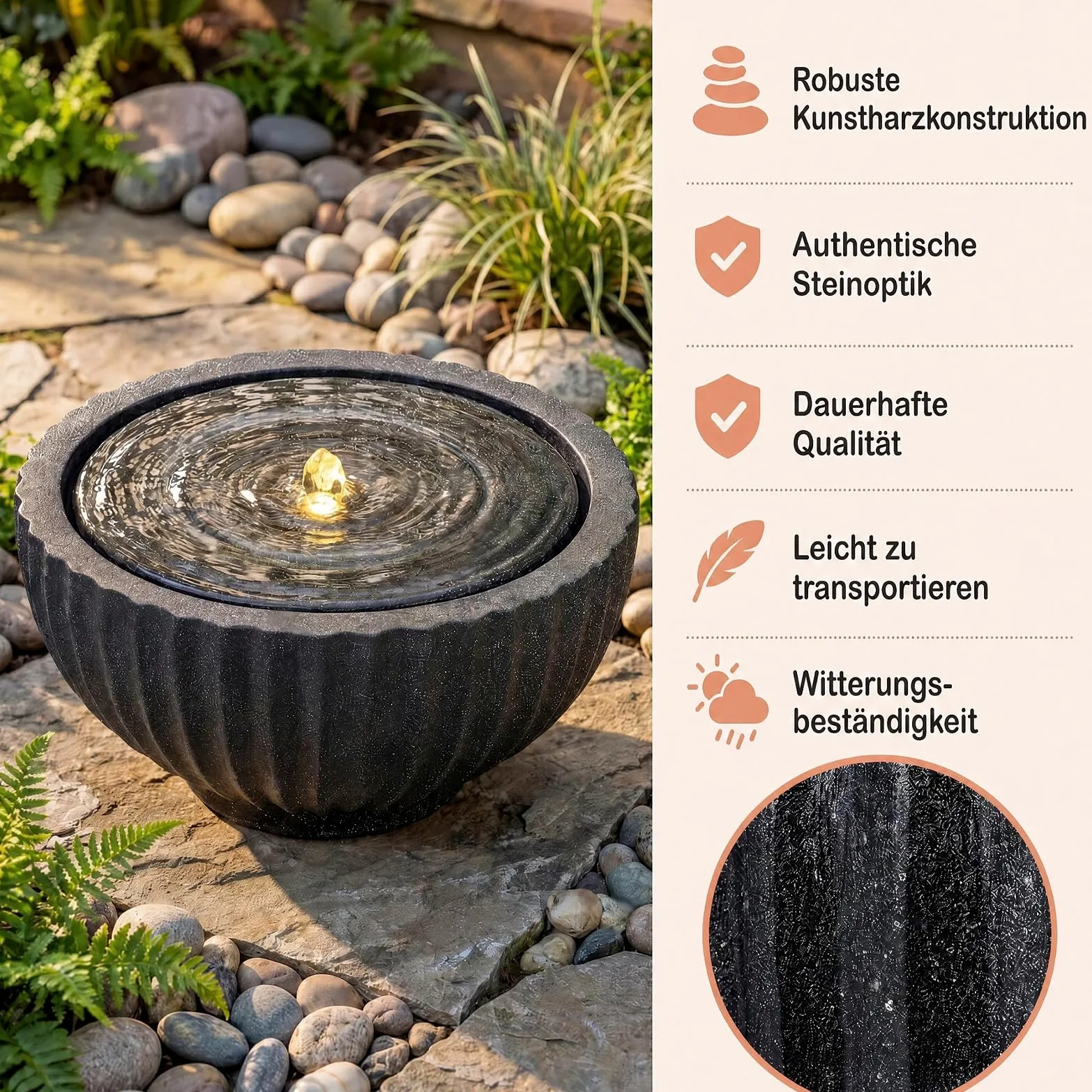 GYMAX Fuente de Jardín Redonda,Fuente Decorativa | Fuente de Agua con Iluminación LED, Bomba Ajustable y Resina Resistente para Salón, Patio y Terraza, 45 x 23,5 cm