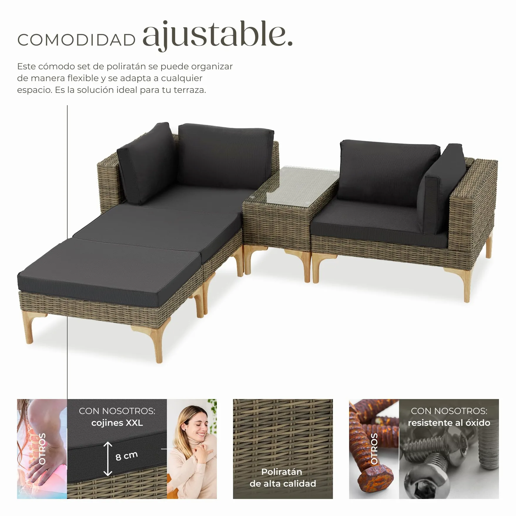 TecTake® Conjunto Jardín en Ratán y Aluminio con Cojines, Conjunto Terraza Resistente a la Intemperie, Muebles Jardín Exterior 2 Sillones, 2 Taburetes, 1 Mesa con Cristal, Fundas Extraíbles - Natural