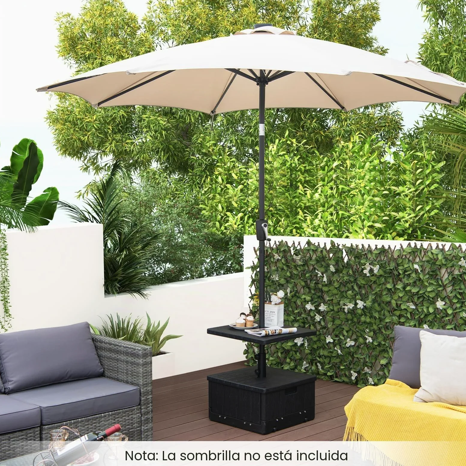 RELAX4LIFE 3 en 1 Soporte para Sombrilla Rellenable con Ruedas y Mesa Auxiliar, Base Sombrilla HDPE con Asas y Bolsa de Peso para Postes de Sombrilla 38/48 mm para Terraza/Piscina/Jardín (Negro)