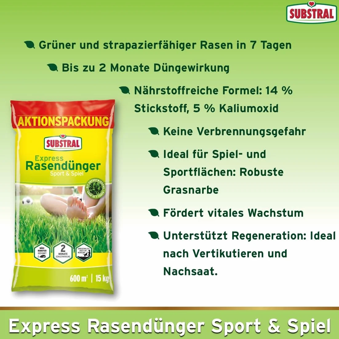 Substral Abono para césped Express Sport & Spiel, 15 kg, efecto fertilizante rápido y potente césped en 7 días, ideal para esparcidores y cortacéspedes