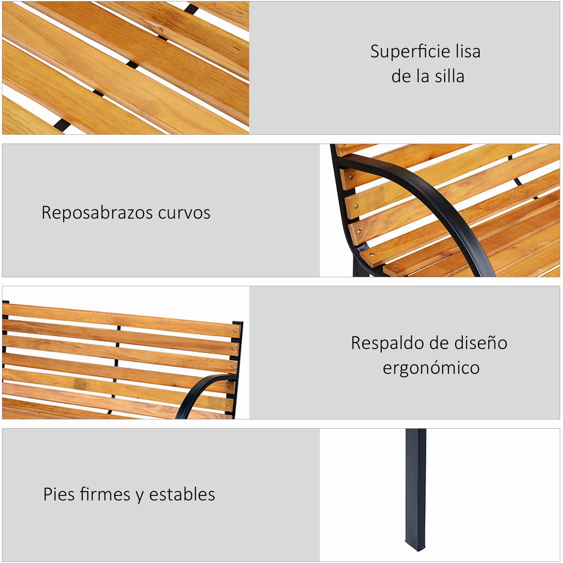 Outsunny Banco de Jardín de Madera 2 Plazas 122x60x83 cm Respaldo Apoyabrazos Acero Carga 220 kg Natural Negro