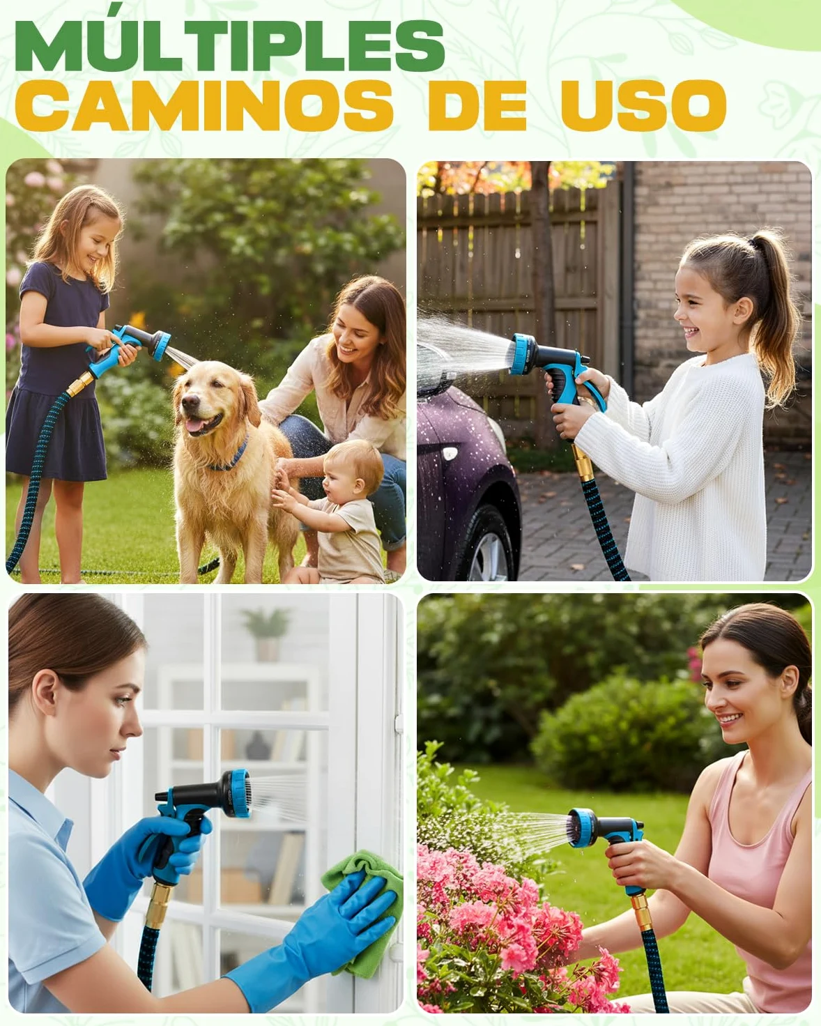 Mangueras de Jardín 30M Extensibles, 4 Capas de Látex Resistente, Conector de Latón y Pistola de Riego 10 Modos, Perfecta para Limpieza y Césped