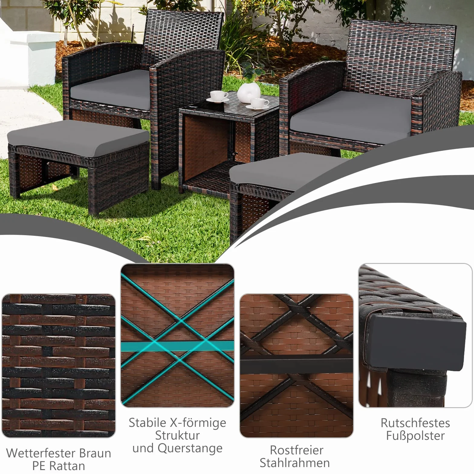 GOPLUS Mobiliario de jardín de 5 piezas, de ratán sintético, conjunto de muebles de jardín compuesto por 1 mesa, 2 sillas y 2 otomanas, cojines con funda extraíble y lavable, bar, terraza (gris)
