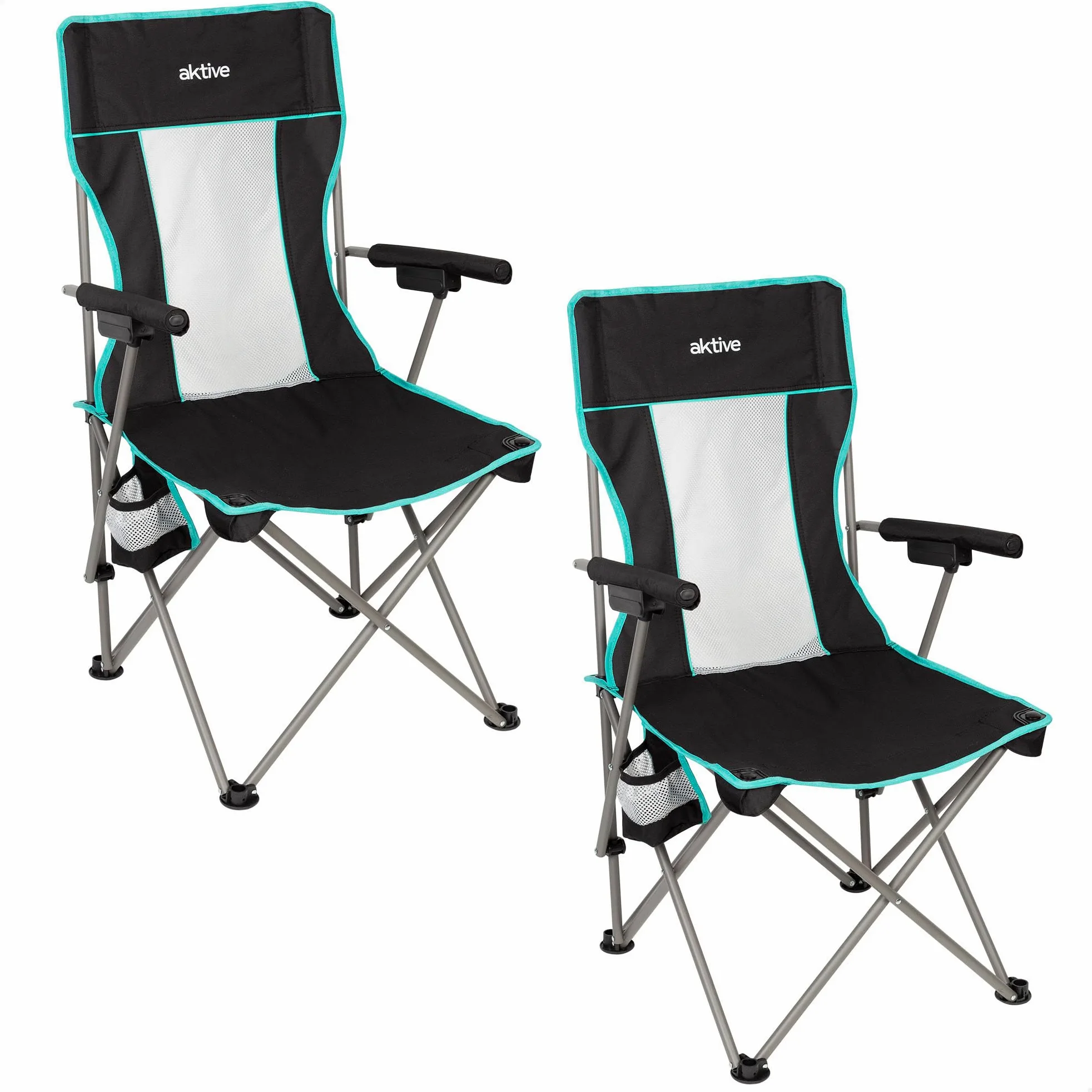 AKTIVE Pack 2 sillas Plegables Camping Deluxe, Respaldo de Rejilla Transpirable, Estructura de Acero, Posavasos, Bolsa de Transporte, para Camping y Exteriores (63126)