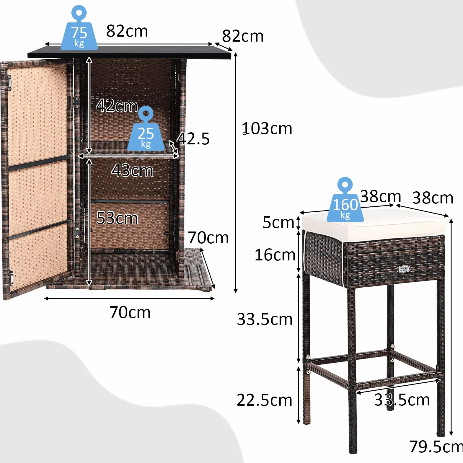 COSTWAY Juego de Bar de Mimbre para Exteriores de 5 Piezas, Mesas Altas y 4 Taburetes con Cojines, Mesa con Tapa Lisa y Estante de Almacenamiento Oculto