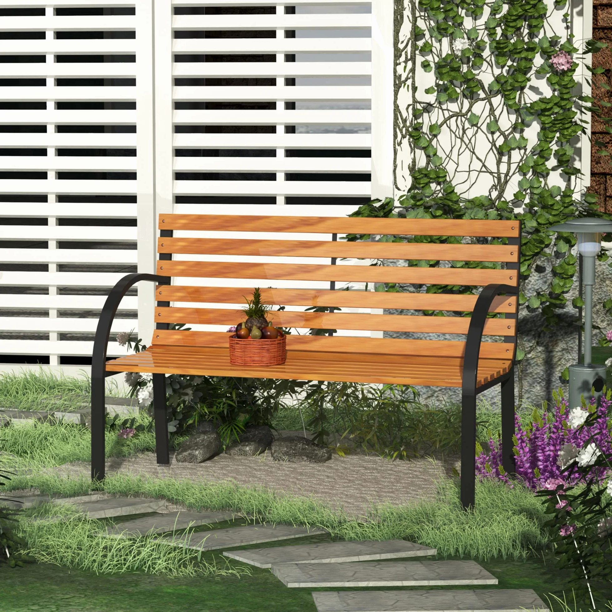 Outsunny Banco de Jardín de Madera 2 Plazas 122x60x83 cm Respaldo Apoyabrazos Acero Carga 220 kg Natural Negro