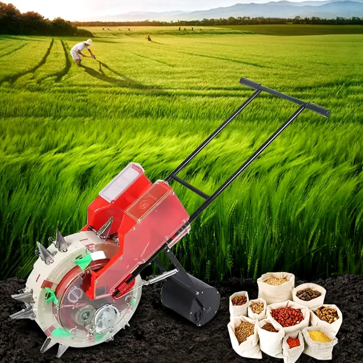 Sembradora de rodillo de empuje manual, sembradora de césped y fertilizante, maceta 2 en 1, profundidad ajustable de 1.4 a 3 pulgadas para césped y jardín, diseño de precisión de 12 agujeros