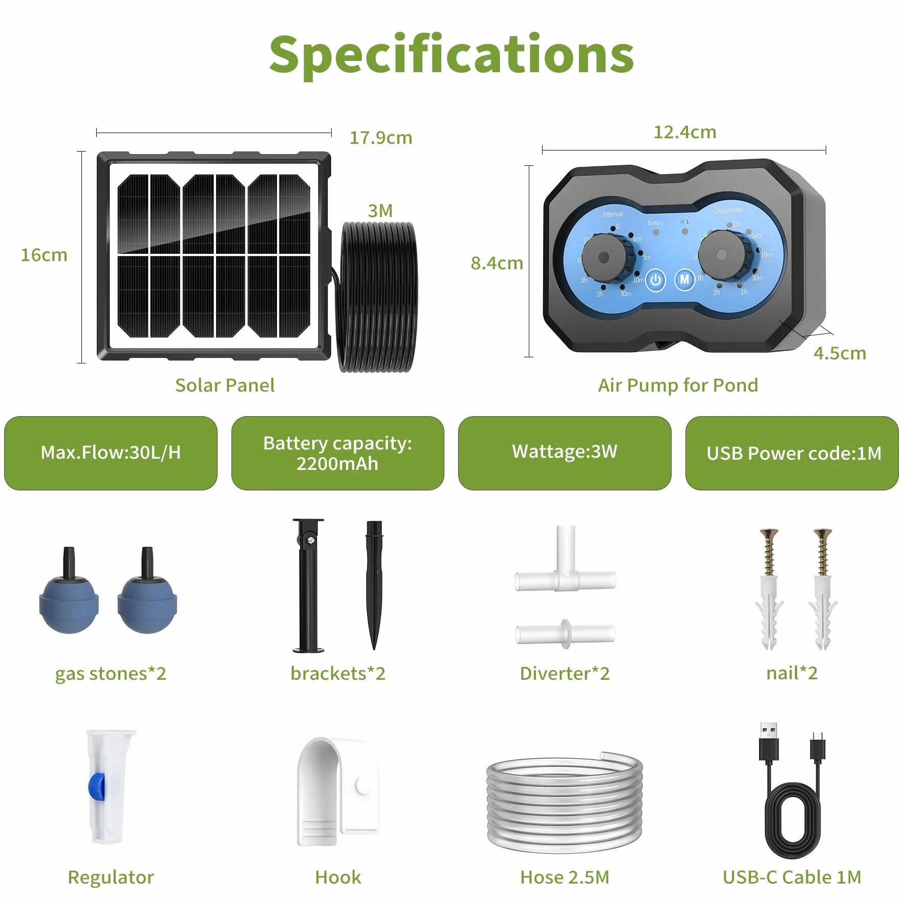 Forever Speed Aireador Solar para Estanque con Batería, 146 Modos Ajustables Bomba de Oxígeno Solar Recargable para Pequeño Estanque, Bomba de Oxígeno Aire Solar Doble Recarga Solar y USB | Aireador Solar para Estanque con Batería 2200mAh con 146 Modos Aj