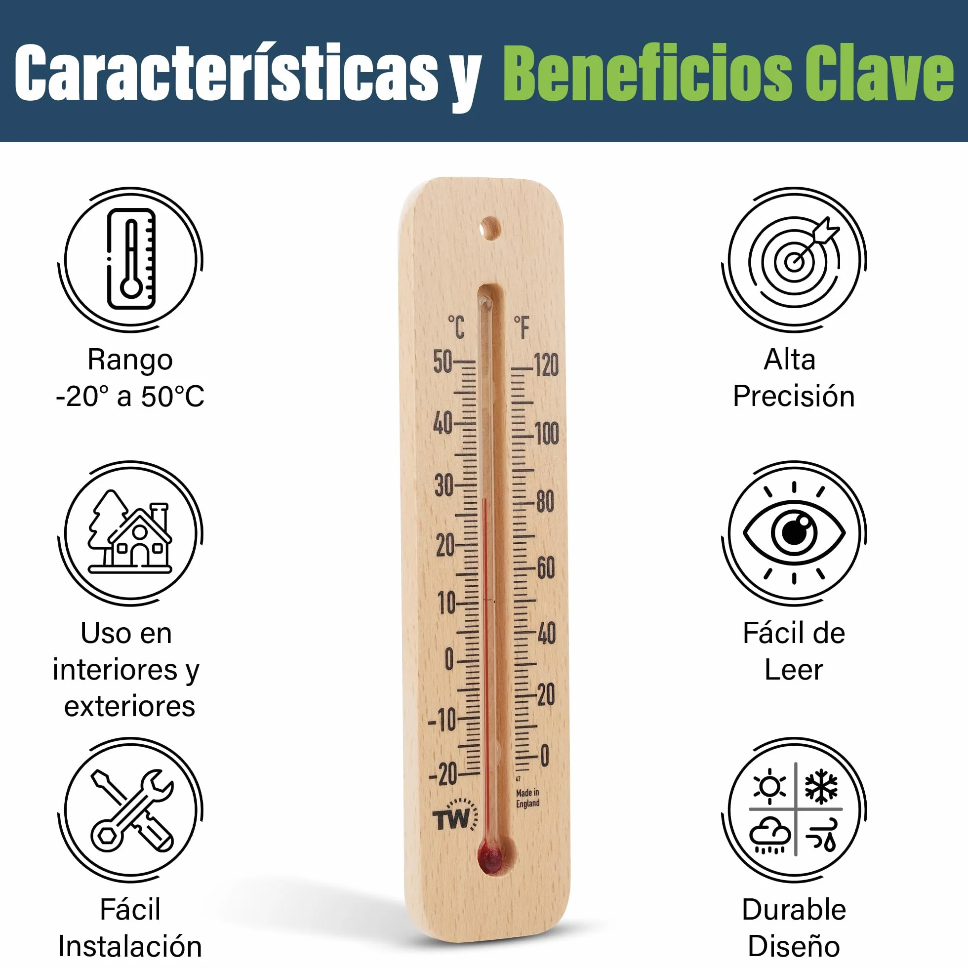 Termómetro Tradicional de Madera para Medir la Temperatura Ambiente, Ideal para Hogar, Oficina, Jardín, Invernadero o Garaje