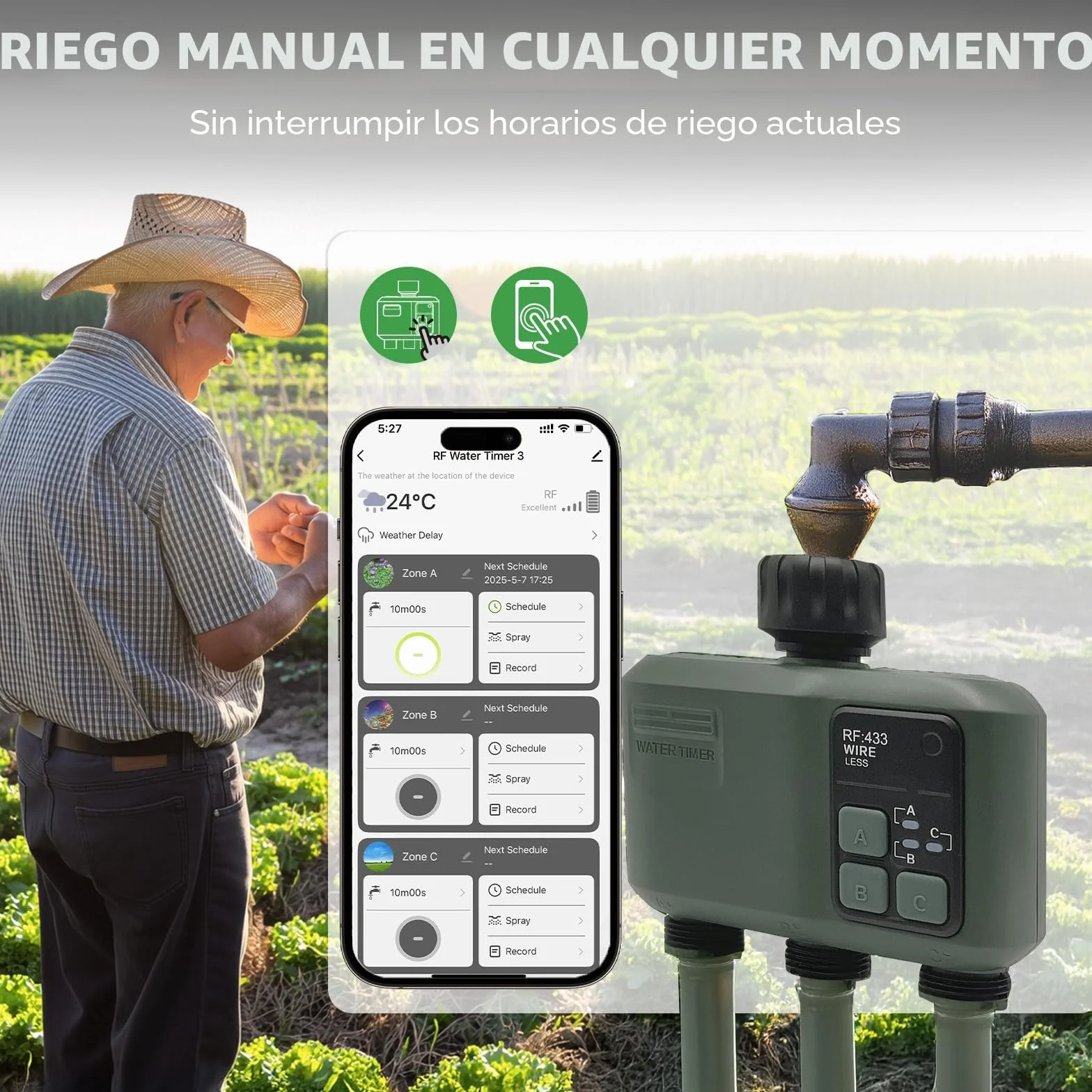 johgee Programador Riego WiFi 3 Salidas con tecnología RF 433 500M, riego temporizado Inteligente con App, Control por Voz Alexa, 6 horarios de riego, Temporizador de riego automático para jardín