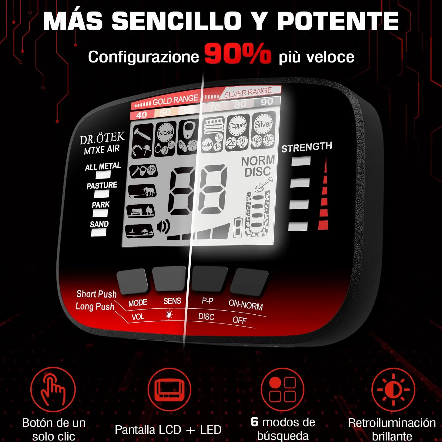 DR.ÖTEK Detector de Metales Profesional para Adultos y Niños, Impermeable para Oro con Modos Pinpoint y Terreno, Emparejamiento Rápido, 6 Modos, Alta Precisión, Ligero y Fácil de Usar,Rojo