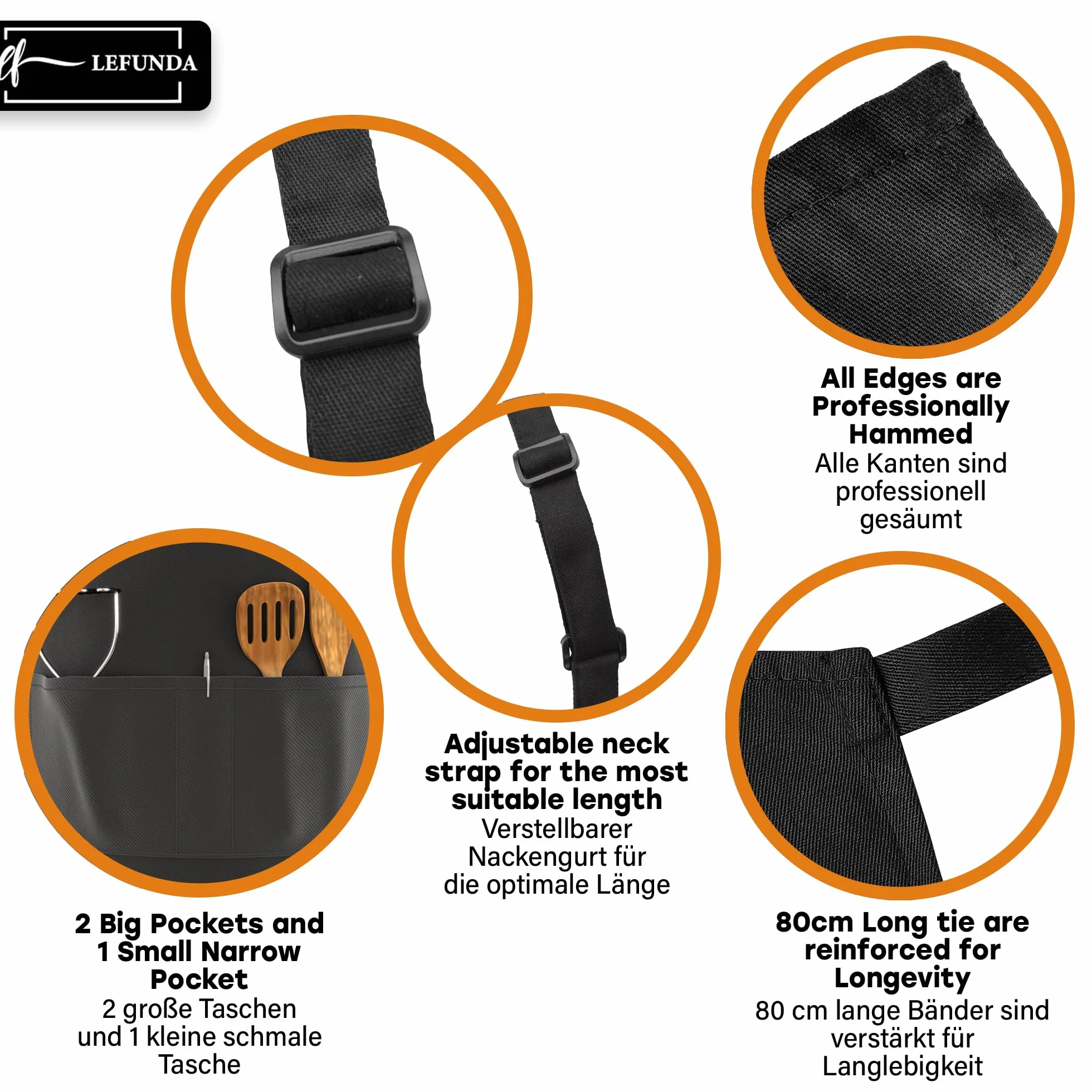 LEFUNDA® Delantal de Cocina Impermeable con 3 Bolsillos Ajustable, Delantal de Barbacoa con Correas Largas, Delantal de Cocina para Hombres y Mujeres, Cocinar, Restaurante, Café, Hornear (Negro)