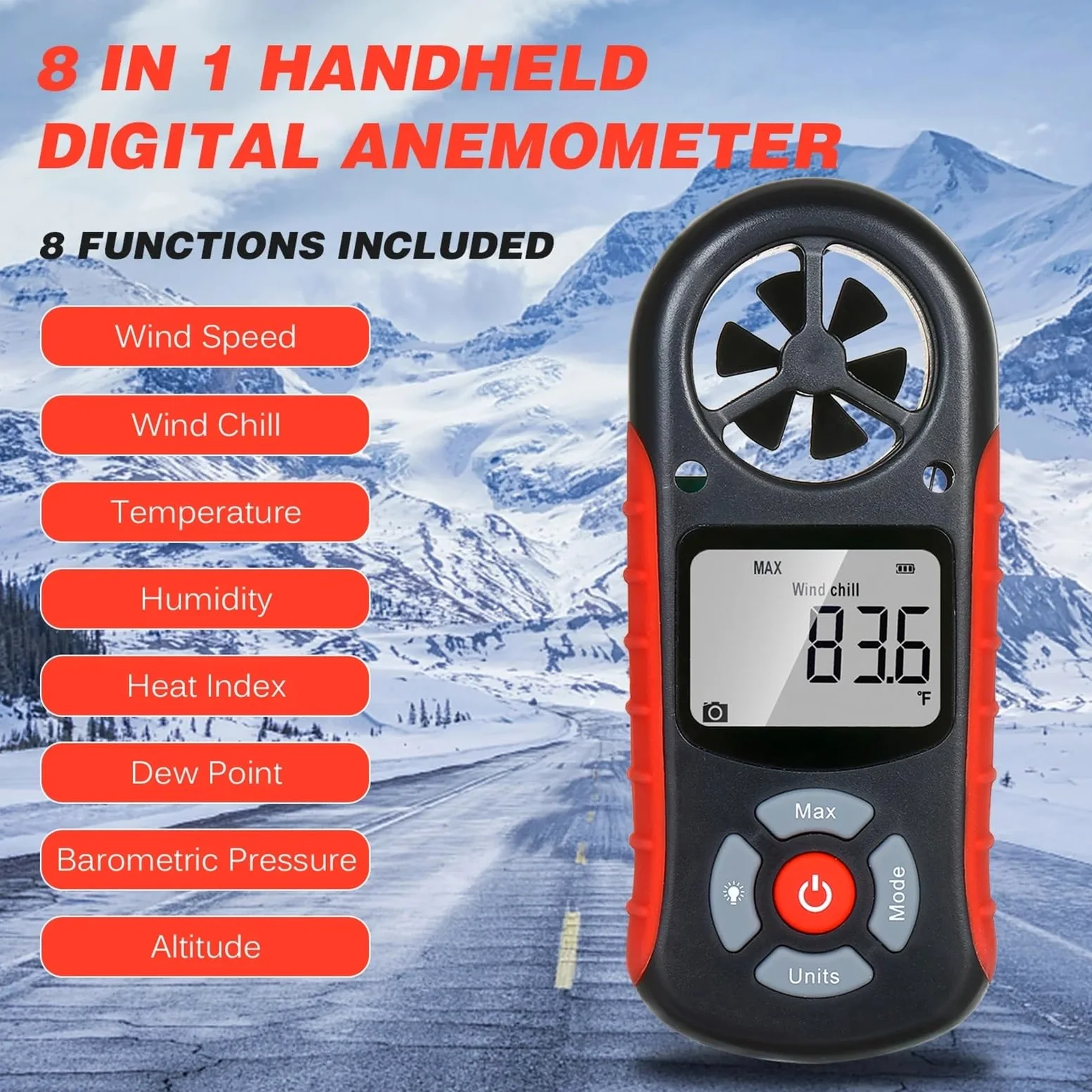 Anemómetro digital, Anemómetro Digital 8 En 1, Medidor De Velocidad Del Viento Mano Para Medir La Temperatura Y El Frío Con Pantalla LCD Retroiluminada