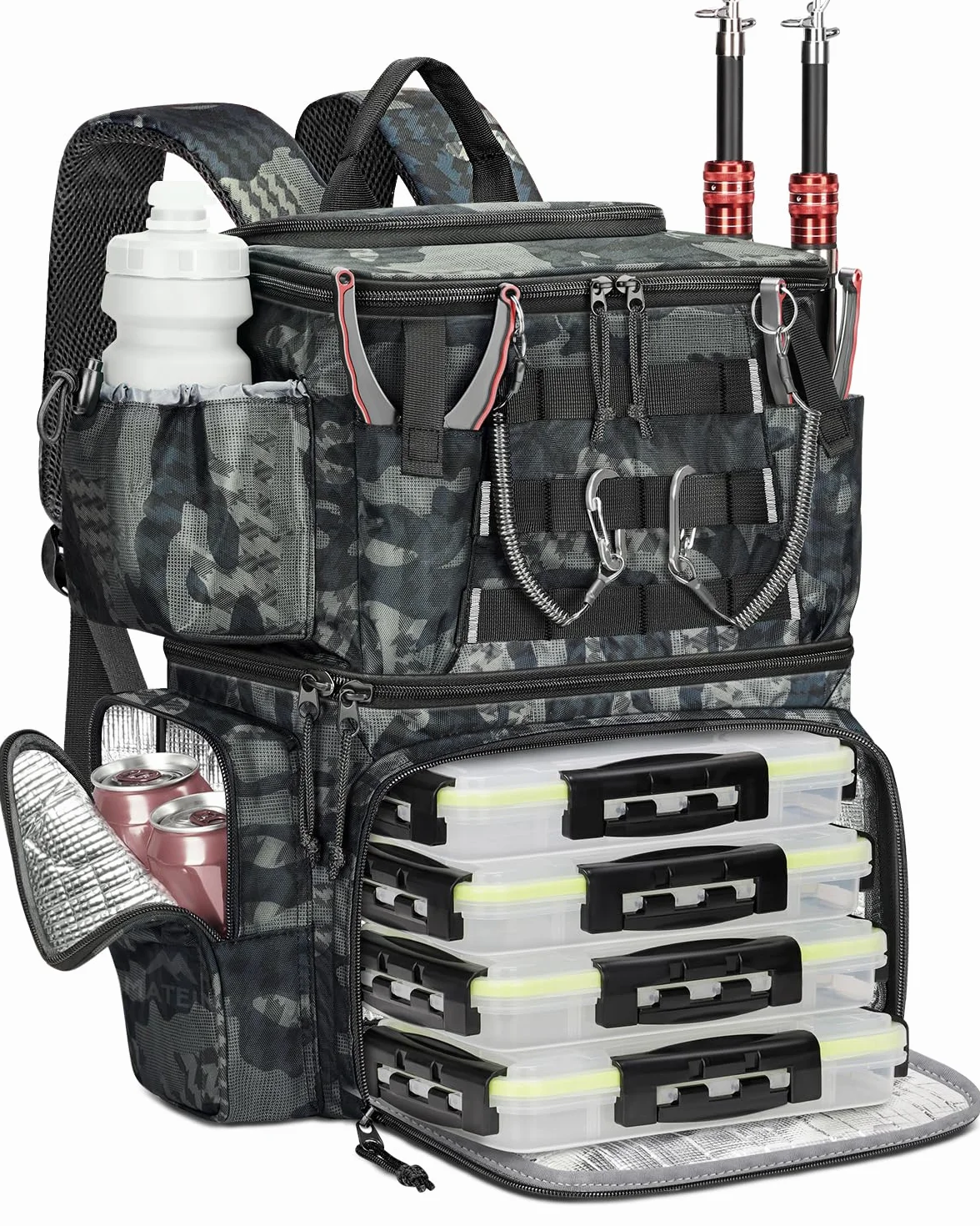MATEIN Mochila Pesca Impermeable con 4 Cajas Aparejos y Soporte Caña Camuflaje
